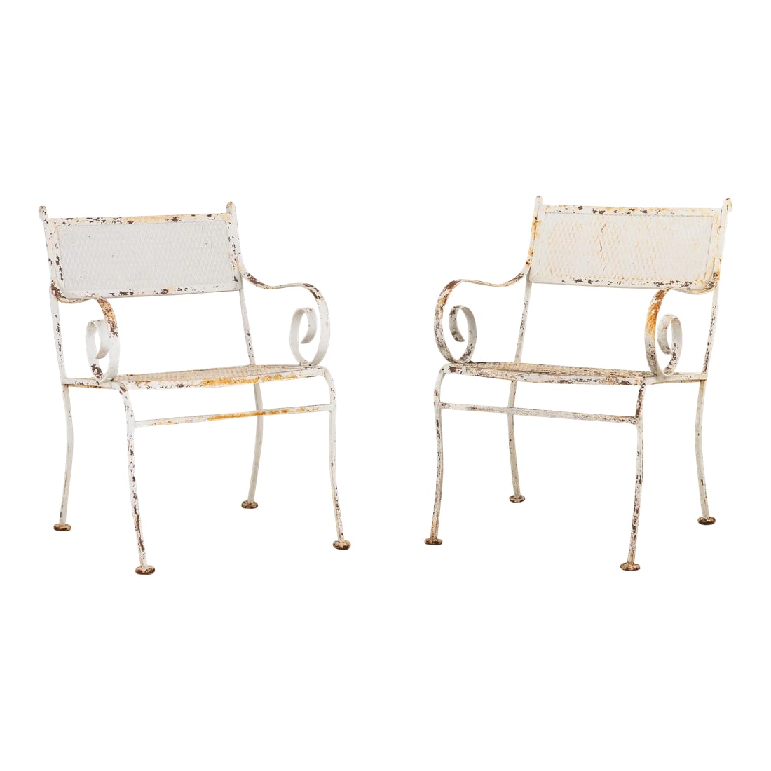 Pair White Painted Metal Garden Chairs, American Mid 20th Century: Crafted in the vibrant era of 1950s America, this pair of white-painted iron chairs embodies classic elegance and enduring style. With gracefully scrolled arms and splay legs, they exude sophisticatio