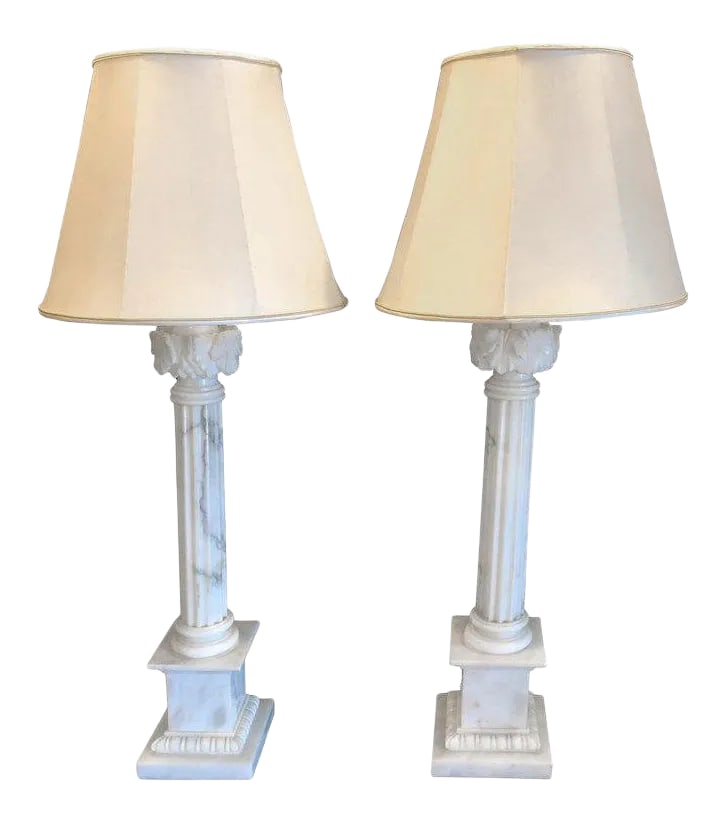 White & Grey Veined Column Marble Table Lamps - a Pair: A pair of white and grey veined column marble table lamps with custom shades. Marble column 24 inches. Condition: Alterations: Original Condition Unaltered Imperfections: Some Imperfections Condition 