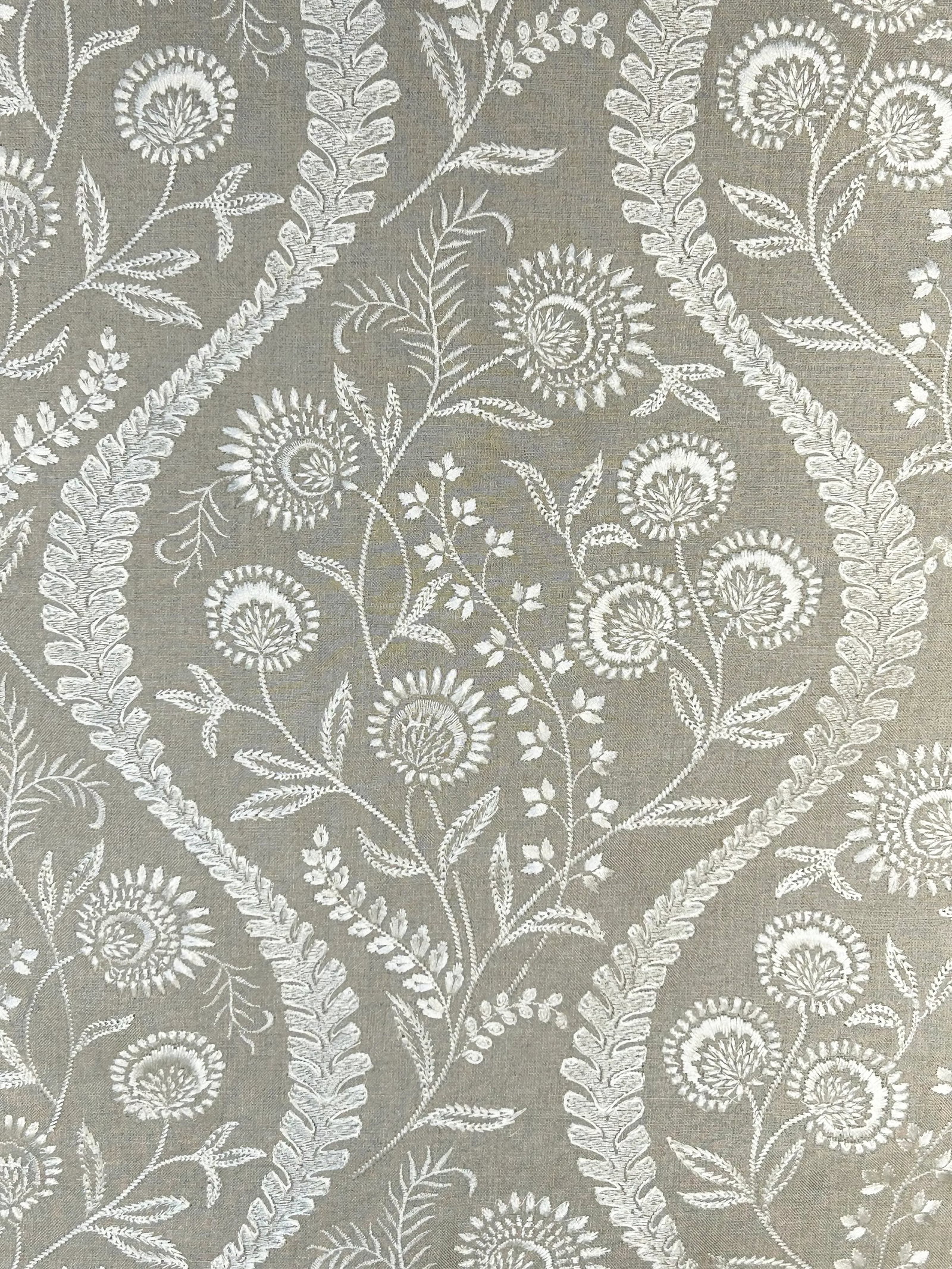 Lee Jofa "Floriblanca" Embroidery Fabric- 5.25 Yards: An ivory on natural linen was designed for the Oscar De La Renta collection. The medium scale floral bouquets are positioned and separated by serpentine fern like motifs that run vertically. The ogee