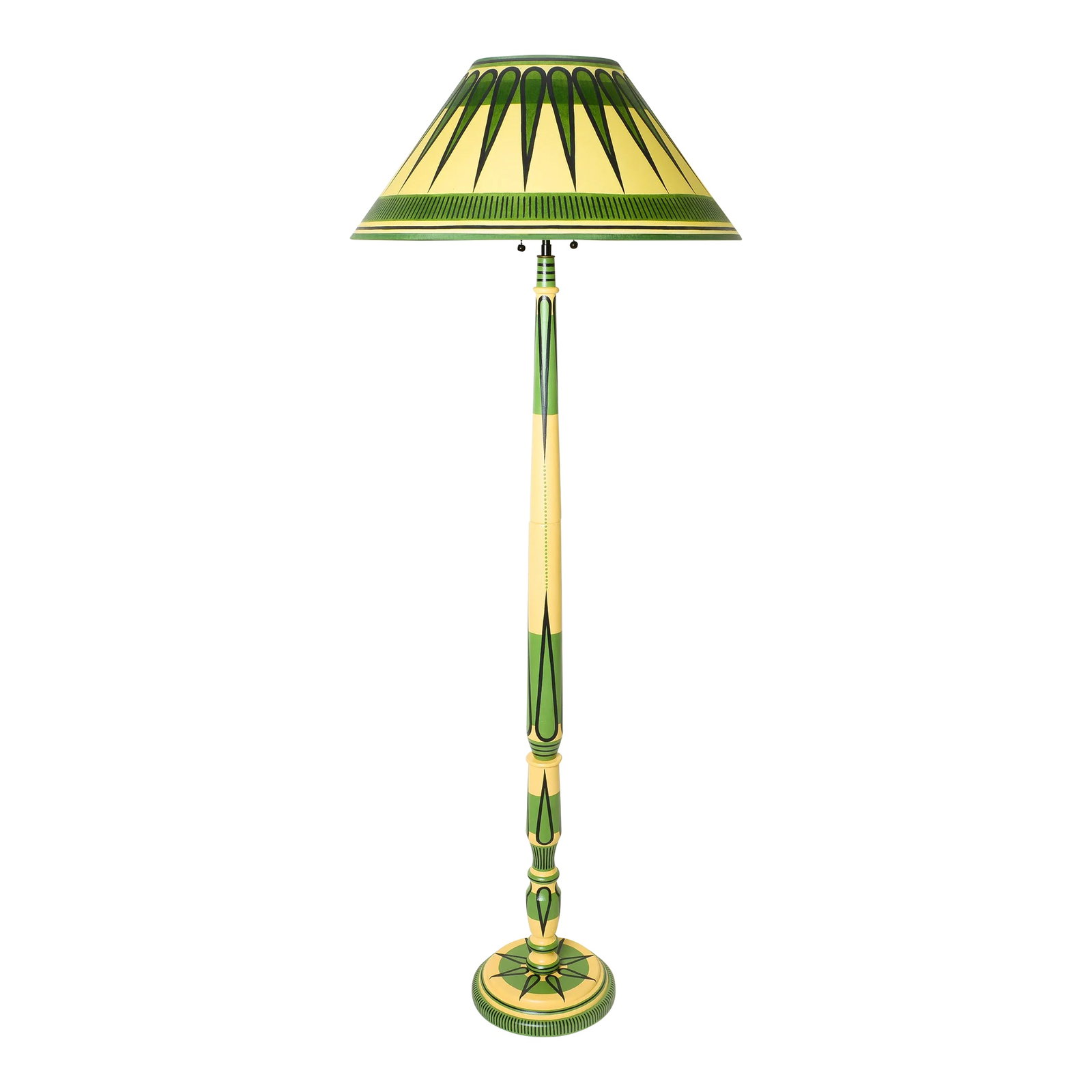 Cressida Bell - 'Bamboo' Floor Lamp: Hand-painted standing floor Lamp with matching shade wooden body adorned with green, and black. Cressida Bell is a British designer specialising in textiles and interiors. From her London studio, she