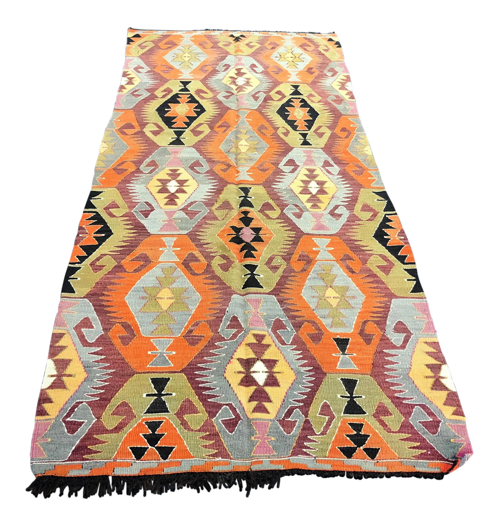 1960s Vintage Aztec Inspired Handmade Turkish Wool Kilim Rug - 4'1'' * 10'6'': This is a vintage Turkish wool Kilim rug. The piece was handmade in the 1960s. Condition: Alterations: Original Condition Unaltered Imperfections: Some Imperfections Condition Notes: Excellent