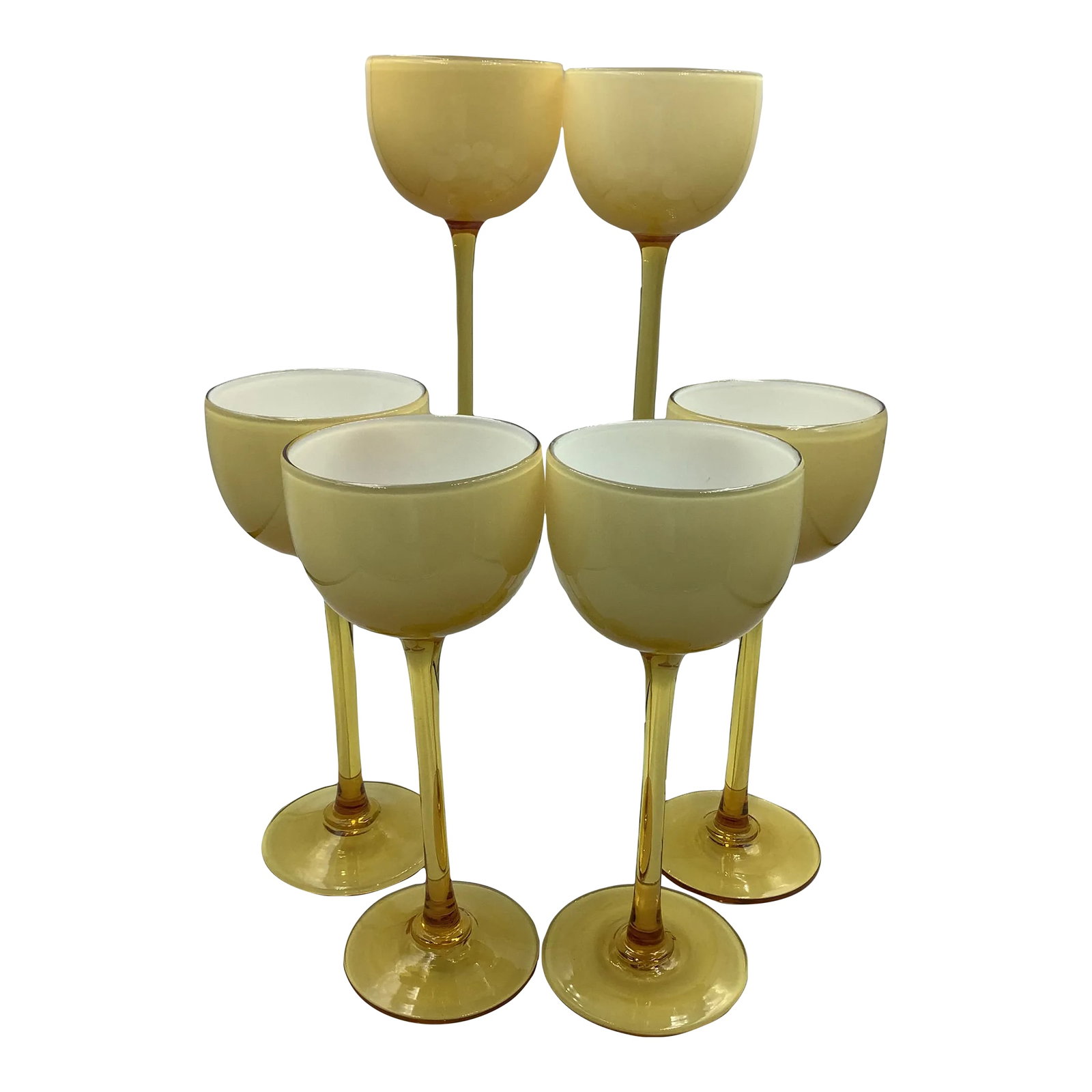 Vintage Carlo Moretti Italy Amber White Cased Tall Stem Cordial Glasses - Set of 6: A rare and fabulous set of 60s Carlo Moretti Amber/Butterscotch tall stem cordial glasses. They present so beautifully with the tall and short wine glasses as well as the tall champagne coupes. They