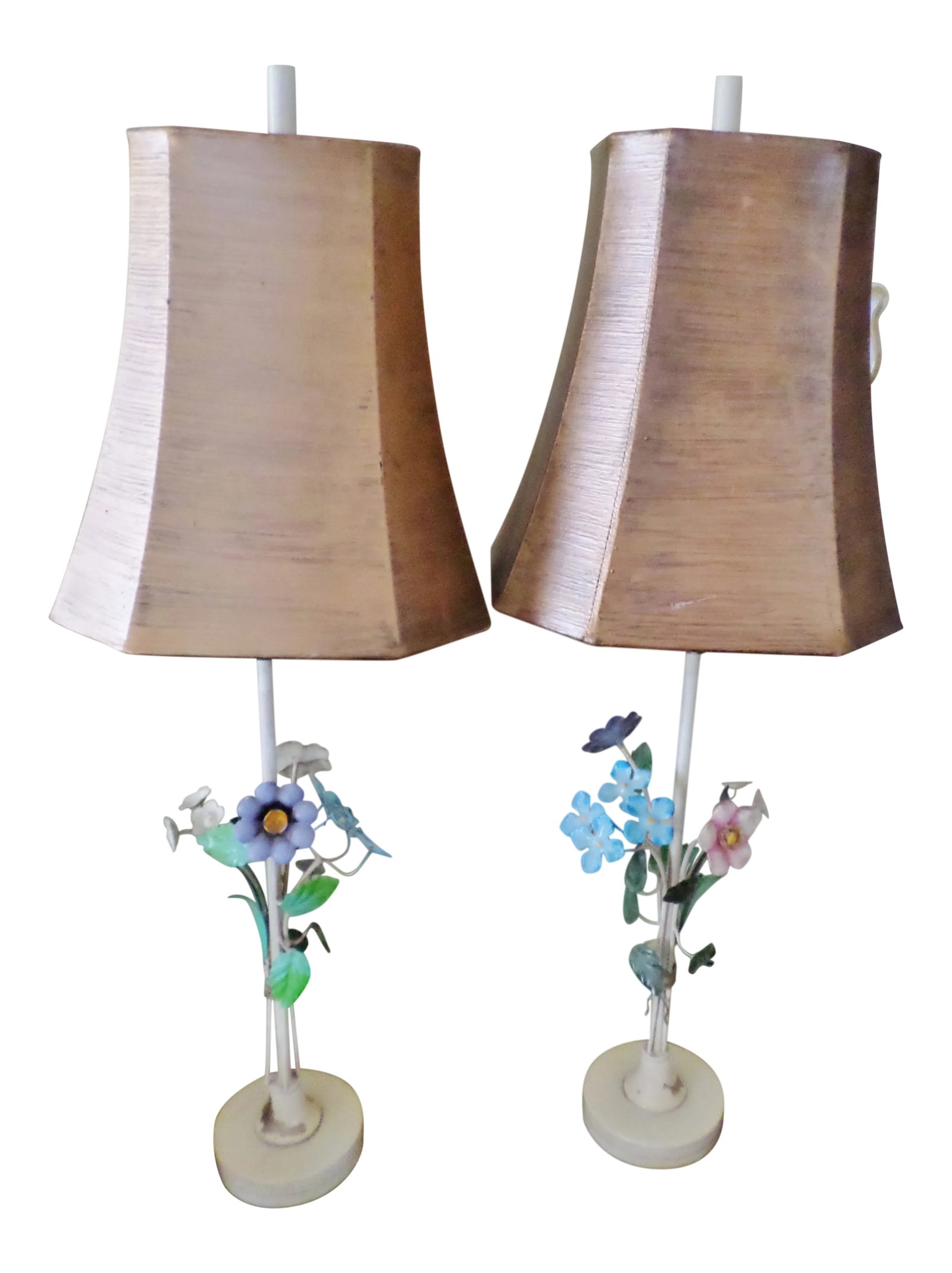 1940s Italian Regency Tole Floral Table Lamps With Shades - a Pair: This is a Gorgeous Pair of Vintage Italian Regency Tole Table Lamps with Metal Pink and Blue Flowers Tied in a Bouquet in the center with a Cream Colored Base. The Lamps are in Working Condition and