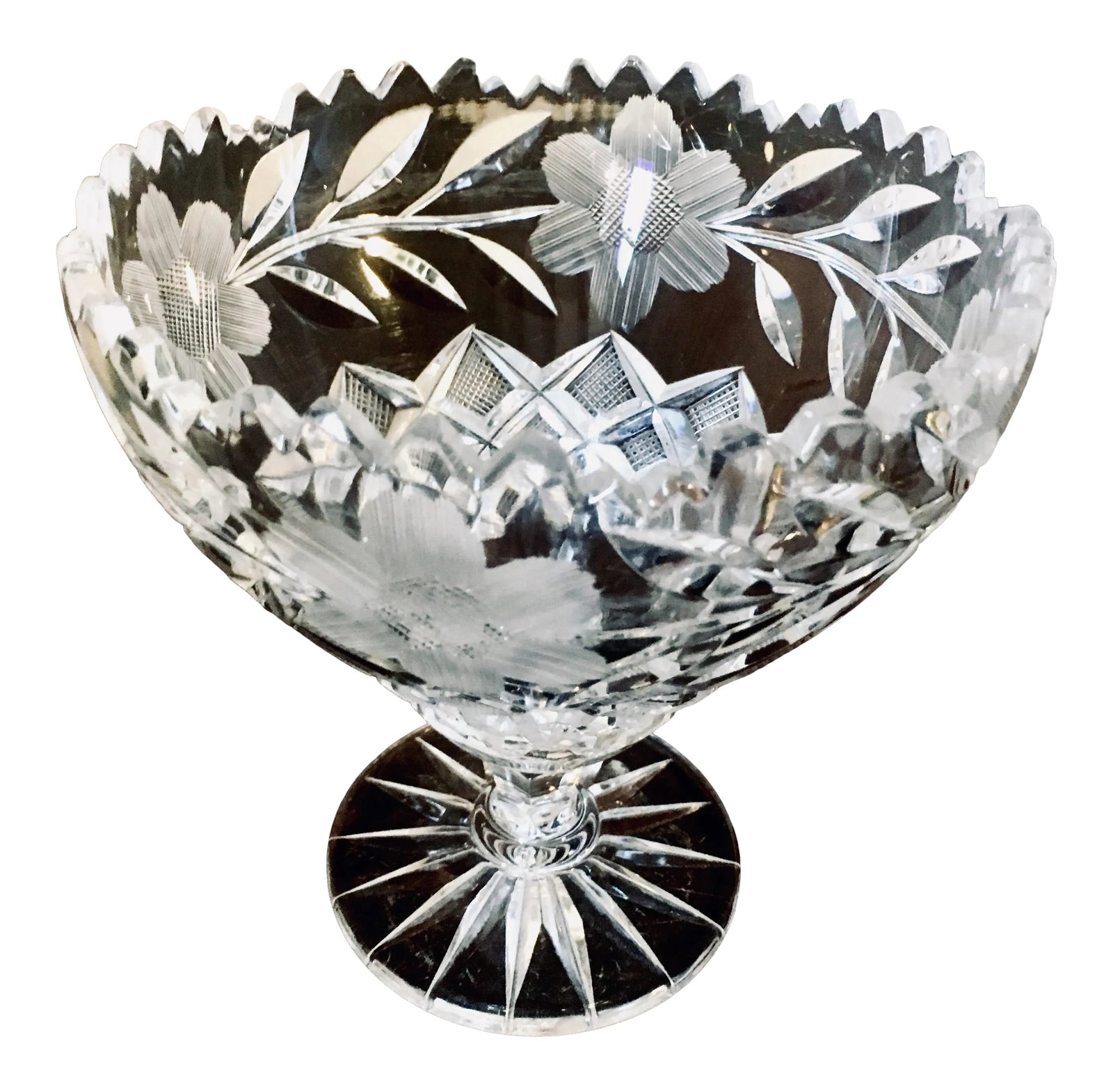 C.1900 American Brilliant Period Floral Cut Glass Compote Bowl: The American Brilliant Period from 1876-117 showcased American as the best crystal cutters in the world. Original works from this period are highly prized by collectors and this piece is an