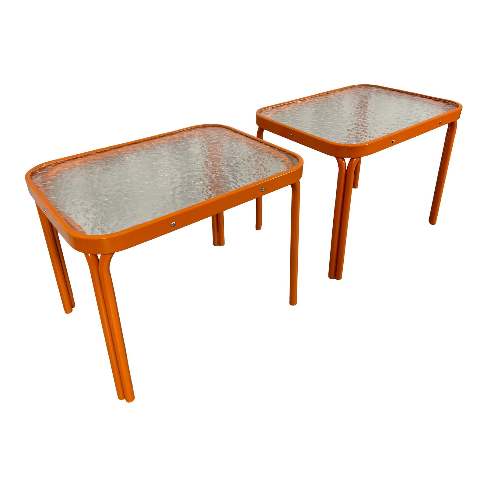 1960s Brown Jordan "Tamiami" Style Side Tables - Set of 2, Attributed: Pair of Tamiami style model side tables from Brown Jordan with fresh Citrus orange powder-coating. The original pebble acrylic top does show some wear. no label Condition: Alterations: Original