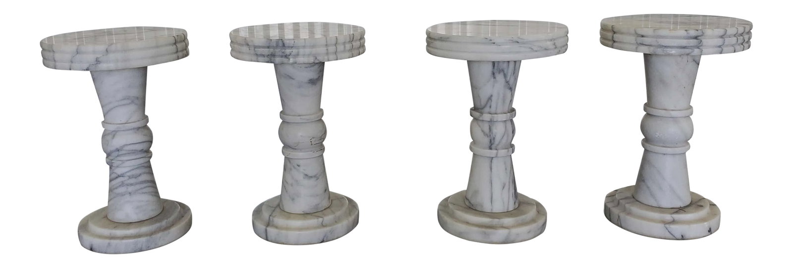 1960s Vintage Italian Carrera Marble Garden Stools- Set of 4: Italian white carrera marble garden stools sold as found previously owned and use in vintage condition. Condition: Alterations: Original Condition Unaltered Imperfections: Some Imperfections