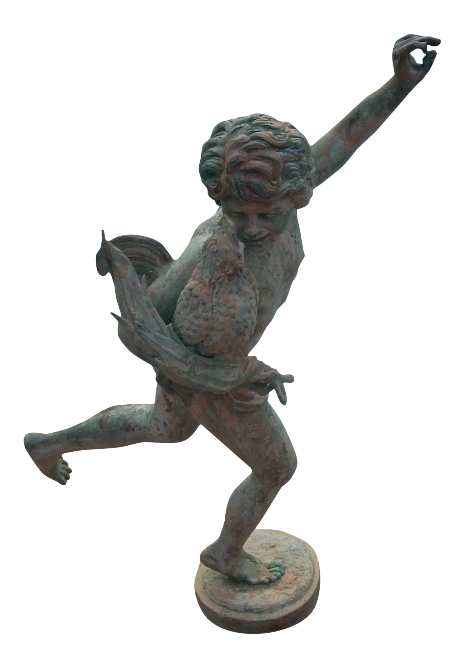 Early 20th Century Vintage Idyllic Metal Garden Cherub Statue: A classic cherub is waiting to romp in your vernal garden along with his young pet rooster; verdigris surface with marvelous anatomical detail. Condition: Alterations: Original Condition Unaltered