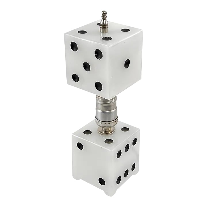 Vintage 1930s Art Deco Milk Glass Novelty Dice Lamp by Houze Glass Co.: Vintage 1930s art deco dice lamp, made by Houze Glass Co. Milk glass base and shade with black painted inset dots. Works great. Uses a standard bulb. Not included. Condition: Alterations: Original