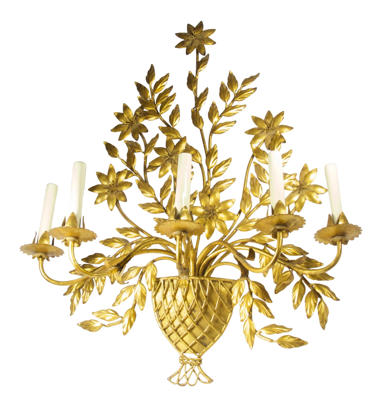 Tole Flower Basket Lighting Sconce: A unique gilt iron and tole five arm candle sconce in the form of a flower basket. This lighting fixture makes a dramatic statement when hung on the wall. It has been rewired in the past to US and req