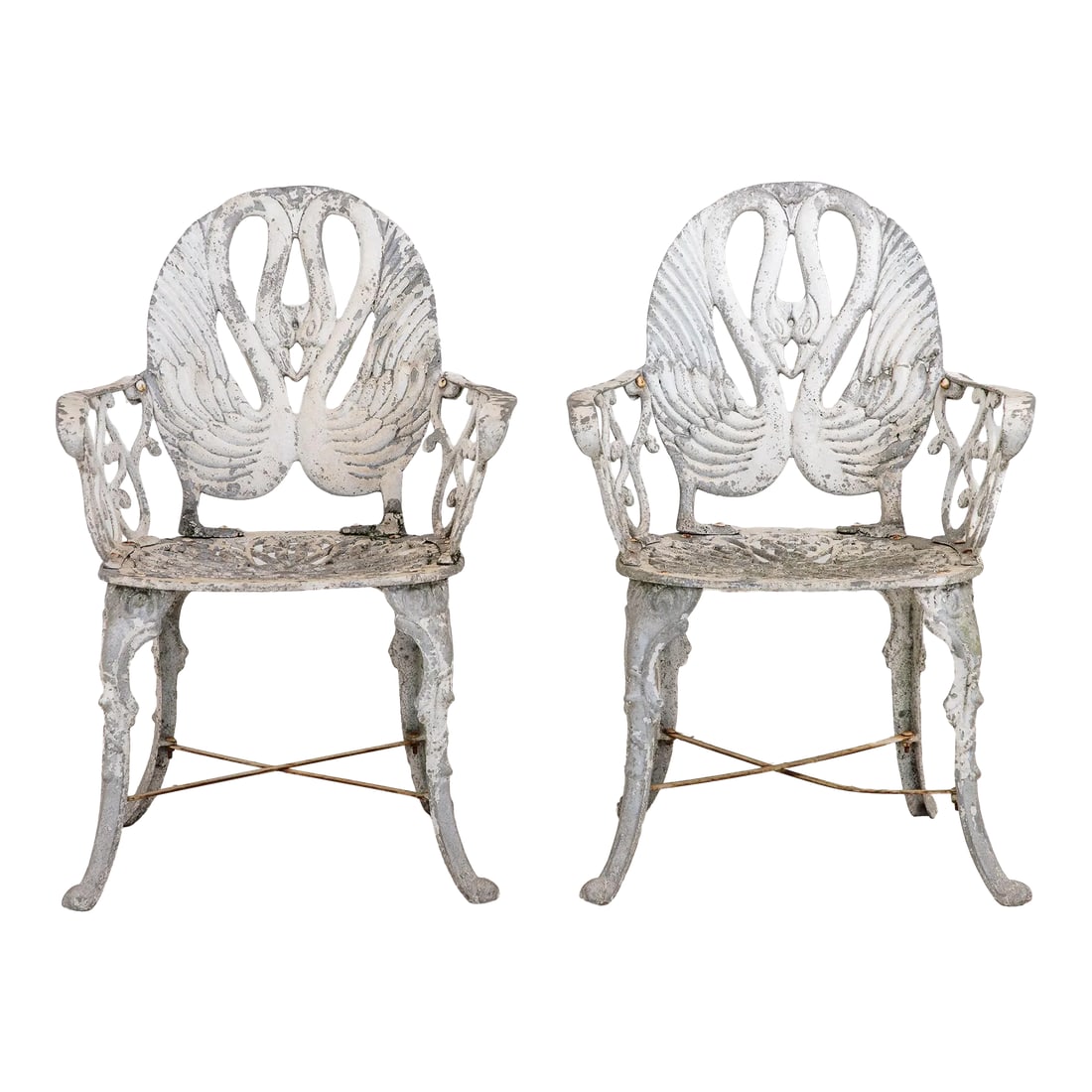 Pair White Painted Swan Back Aluminum Garden Armchairs, Sweden 1960s: This charming pair of white-painted aluminum garden armchairs, crafted in Sweden during the 1960s, features an elegant design inspired by nature. The backs showcase graceful swans with elongated necks