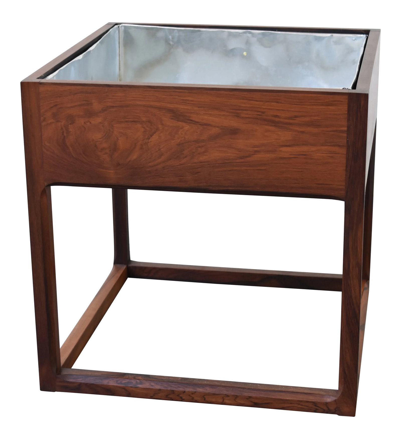 Danish Modern Rosewood Planter by Askel Kjersgaard: Danish Modern square planter with intricate leg detail, rosewood veneer and removable replacement metal liner. Designed by Aksel Kjersgaard and made in Denmark, circa 1960s. This item includes restric
