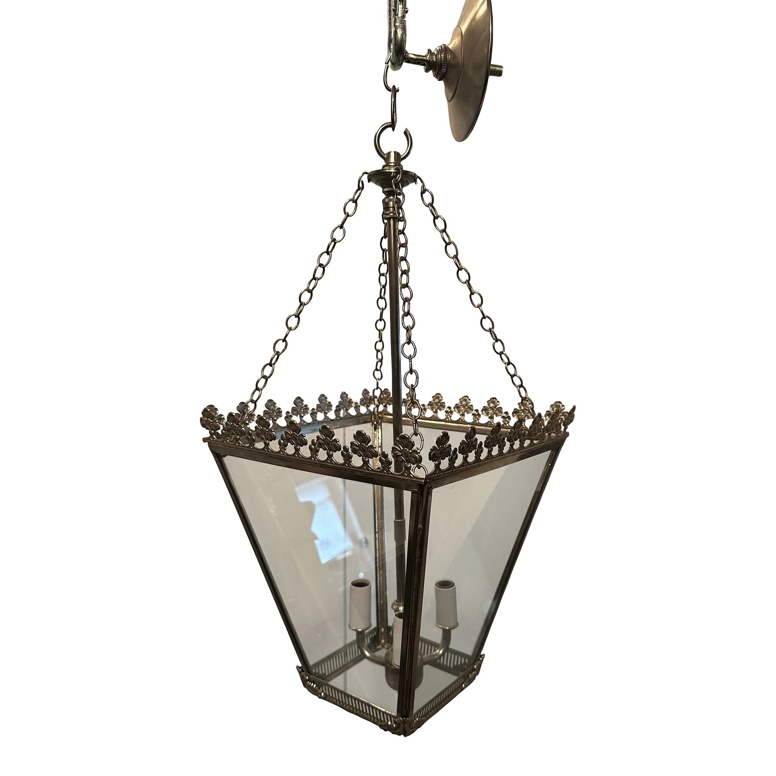 1960's English 4 Sided Glass and Metal Indoor Lantern: 1960's English 4 Sided Glass and Metal Indoor Lantern with open top and bottom with satin silver plated finish. The lantern takes three 60 watt candlelarbra bulbs. Condition: Alterations: Original Con