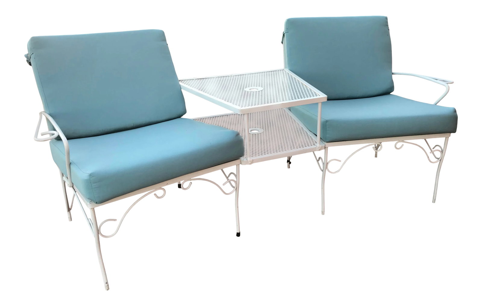 Vintage White Wrought Iron Outdoor Double Lounge Chair With Table (1 of 12)