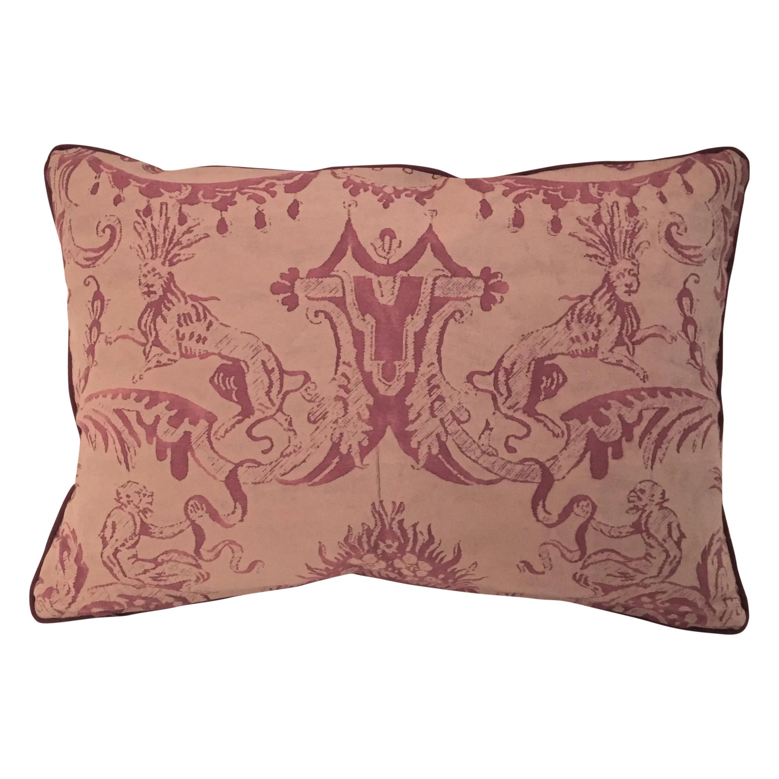 Fortuny "Mazzarino" Bittersweet & White Pillow: Custom pillow made of Fortuny textile in "Mazzarino" pattern, in bittersweet and white same fabric on front and back, with French grosgrain welting and a handpicked zipper closer. 100% down insert. . 