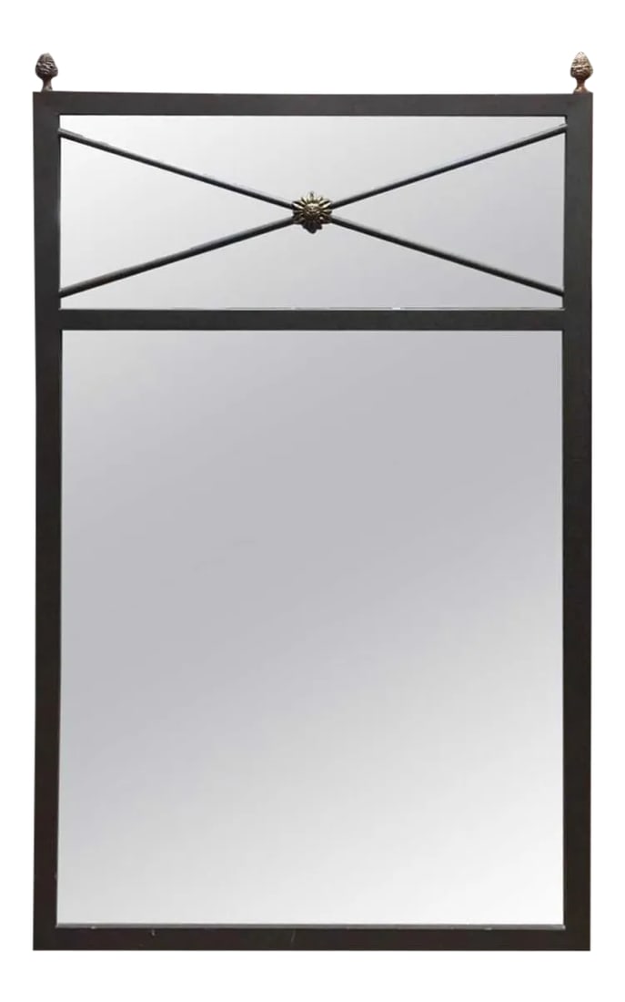 Vintage Greek Key Mirror Jonathan Adler Style: Simplicity is elegance. This metal rectangular mirror has a "greek key" design with a small rosette in the middle. Was originally a Merchandise Mart purchase and came from a curated Barrington home.