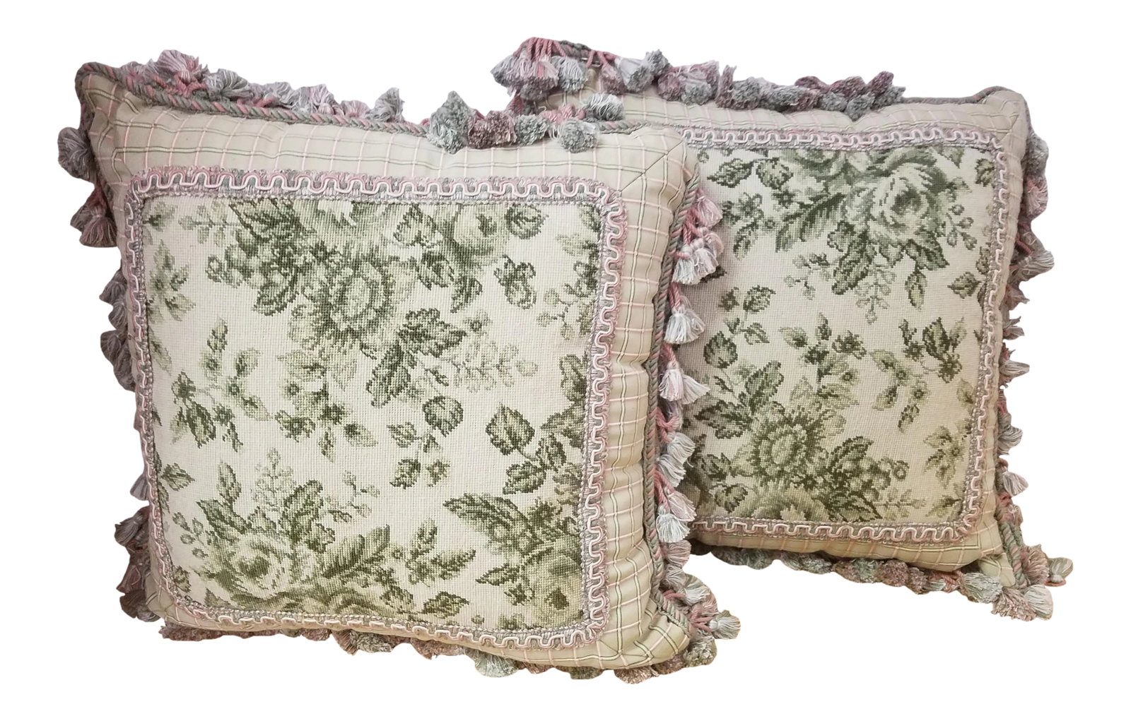 Pink & Green Needlepoint Pillows - a Pair: Set of 2 needlepoint pillows. The needlepoint panel is wool with a beautiful pink and green stripe as a border. The backs are a cream velvet. Zipper on one side and a poly filled insert. Pink and