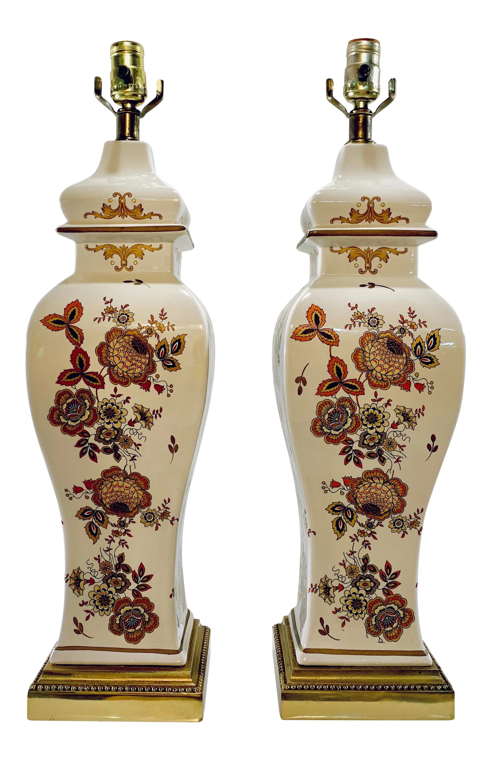 1970's Pair Ginger Jar Lamps With Flower Motif. White, Deep Amber With Gold Accents on Brass Base (1 of 13)