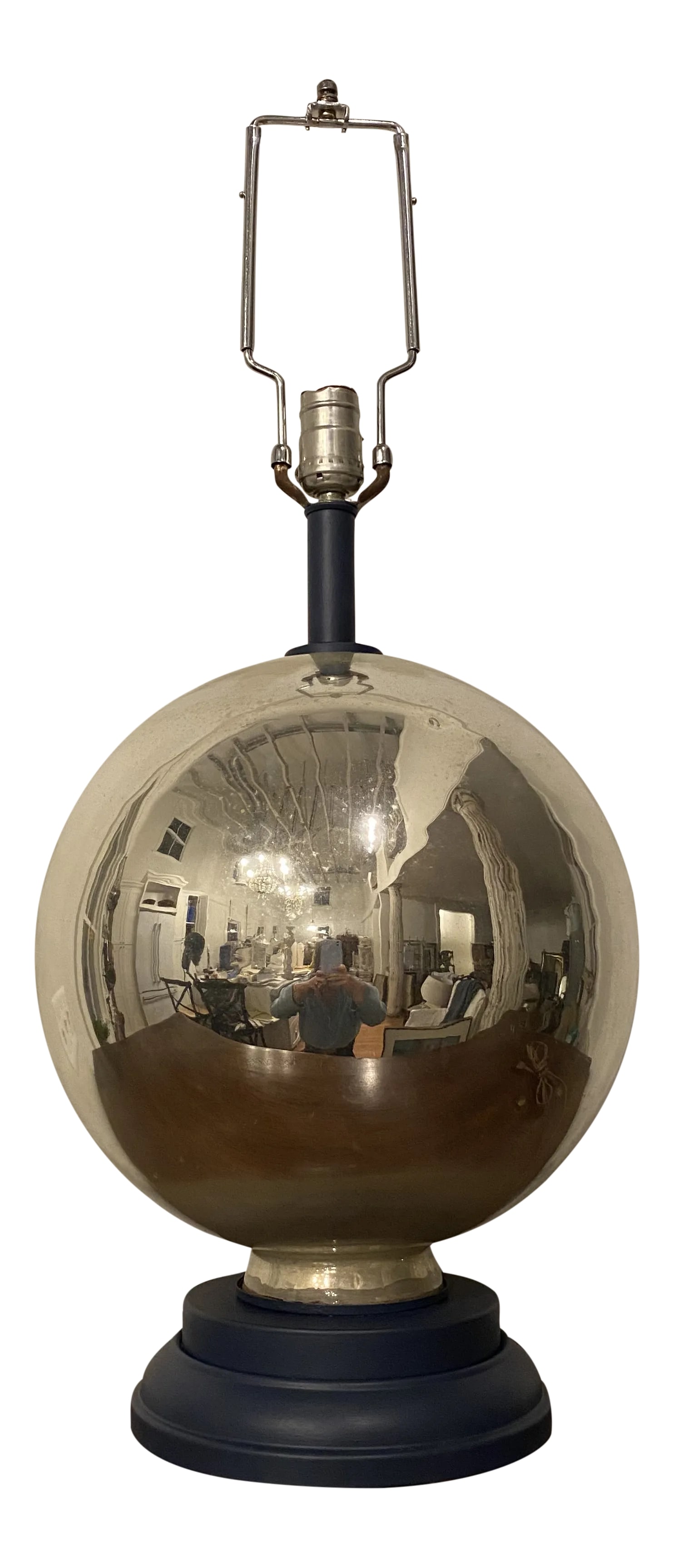 Vintage Mid-Century Mercury Glass Lamp: Mid-century modern large Vintage mercury glass ball lamp with navy blue painted metal base and top. Shade not included. Approximately 15" to bottom of riser and then 3" riser. Condition: Alterations: