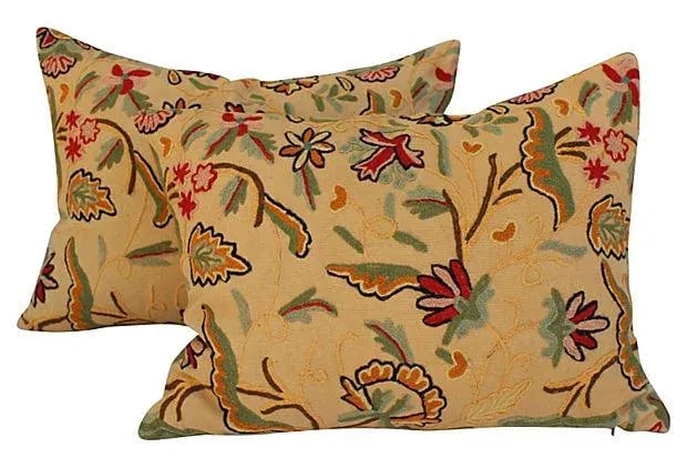 English Crewelwork Floral Pillows - A Pair: Custom pair of pillows made with a vintage crewelwork textile. Purchased in England. New linen backs, zipper closures. Some wear and spots. Cover, wool/cotton/linen; insert, down/feather. Condition: