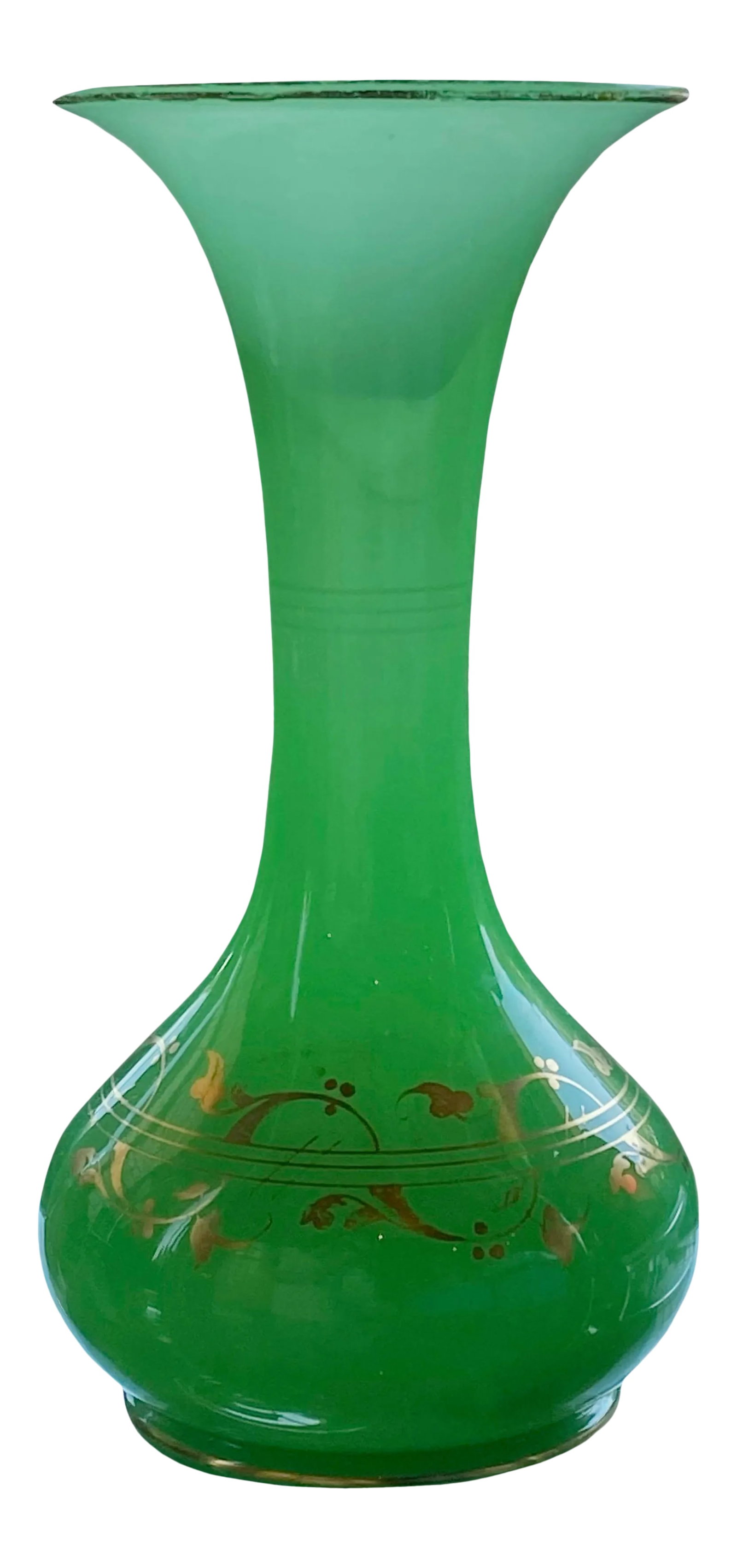 Antique French Green Opaline Glass Vase: A beautiful green opaline vase with gilt scrolls from France. Condition: Alterations: Original Condition Unaltered Imperfections: Some Imperfections Condition Notes: Excellent condition with wear