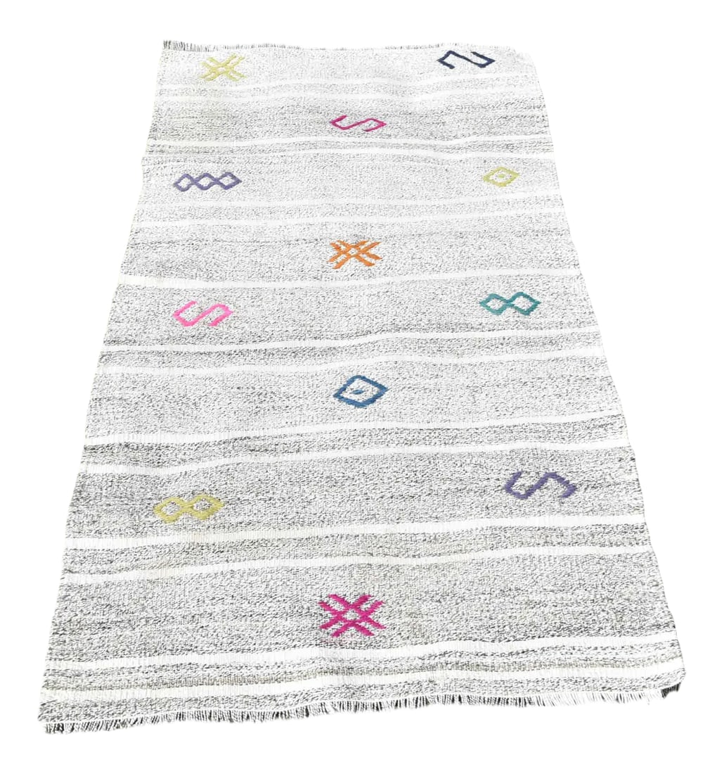 1980s Scandinavian Style Turkish Handmade Kilim Rug 2.6 X 5.2 Ft: Size: 2.6 x 5.2 ft ( 78 x 160 cm) 30 x 63 inches Color: White,Gray,Pink,Blue,Orange Material: 100% Wool Fast Shipping: Delivery in 1-3 Business Days. All rugs are handwoven by traditional tribes of