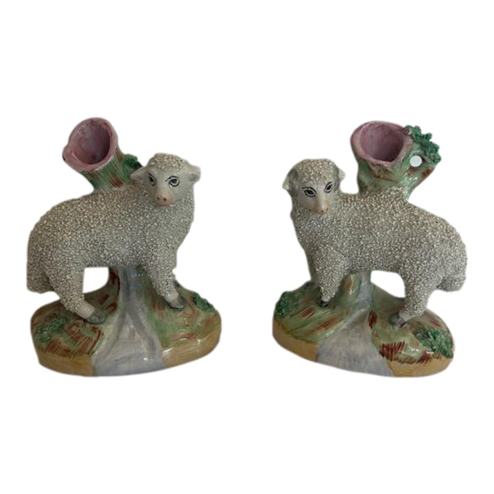 Antique Staffordshire Pair of Pastoral Sheep Spill Vases: Rare Antique Staffordshire Pair of Pastoral Sheep Spill Holders. Beautiful left and right facing mantle sheep. Ewe and Ram with textured coats and rich derby lined spill holder vases. Circa 1850-1880