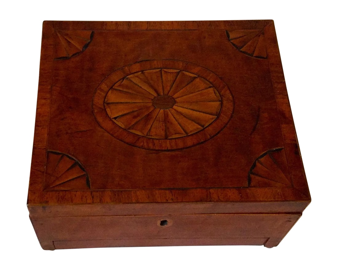 George III Period Sheridan Inlaid Box: Period George III, Sheridan Inlayed box circa last quarter of the 18th Century. Made of walnut with stinging in various woods. And a central fan motif on the centre of the top with the same motif in q