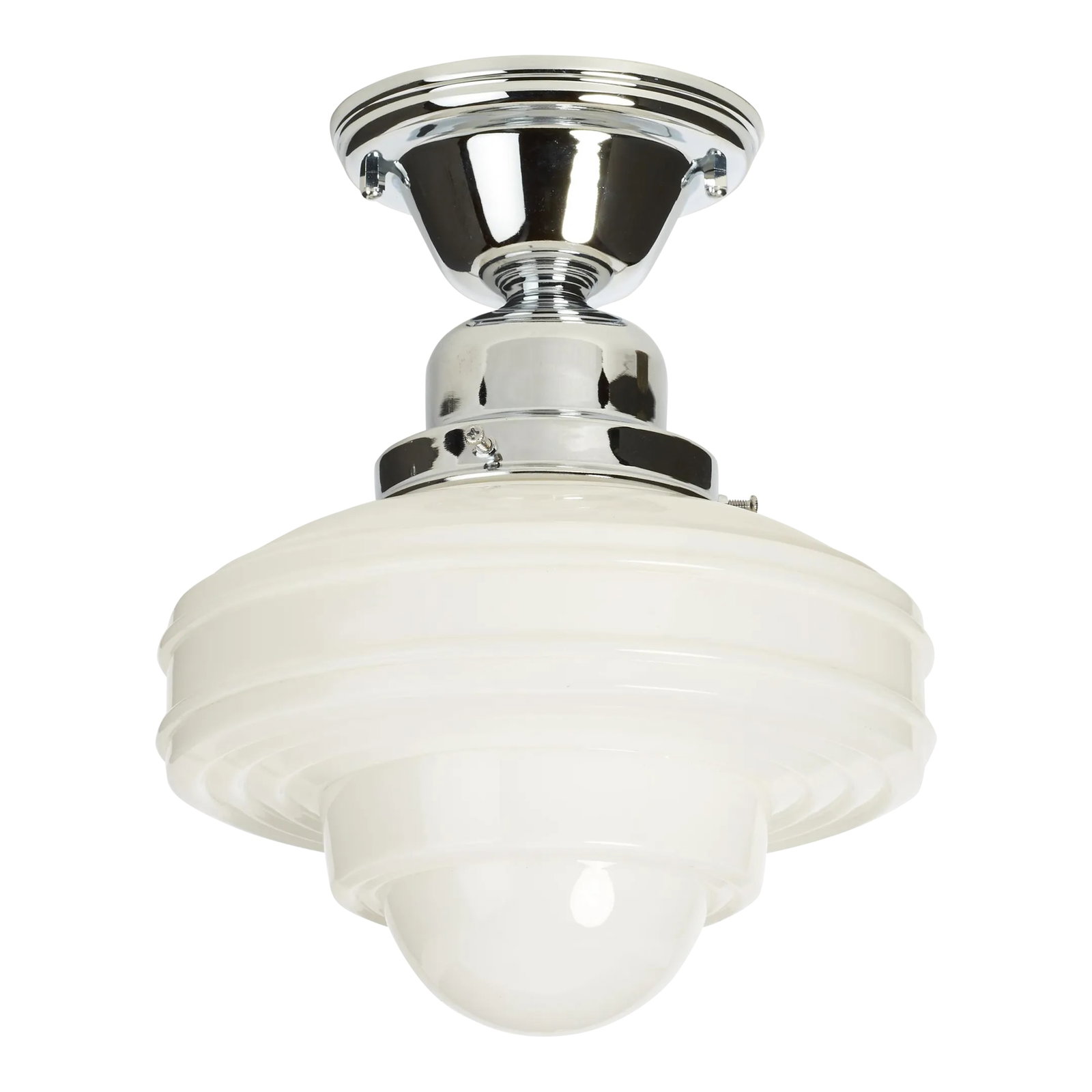 Vintage Chrome Plated Flush Mount Ceiling Fixture With Milk Glass Ufo Style Shade (1 of 2)