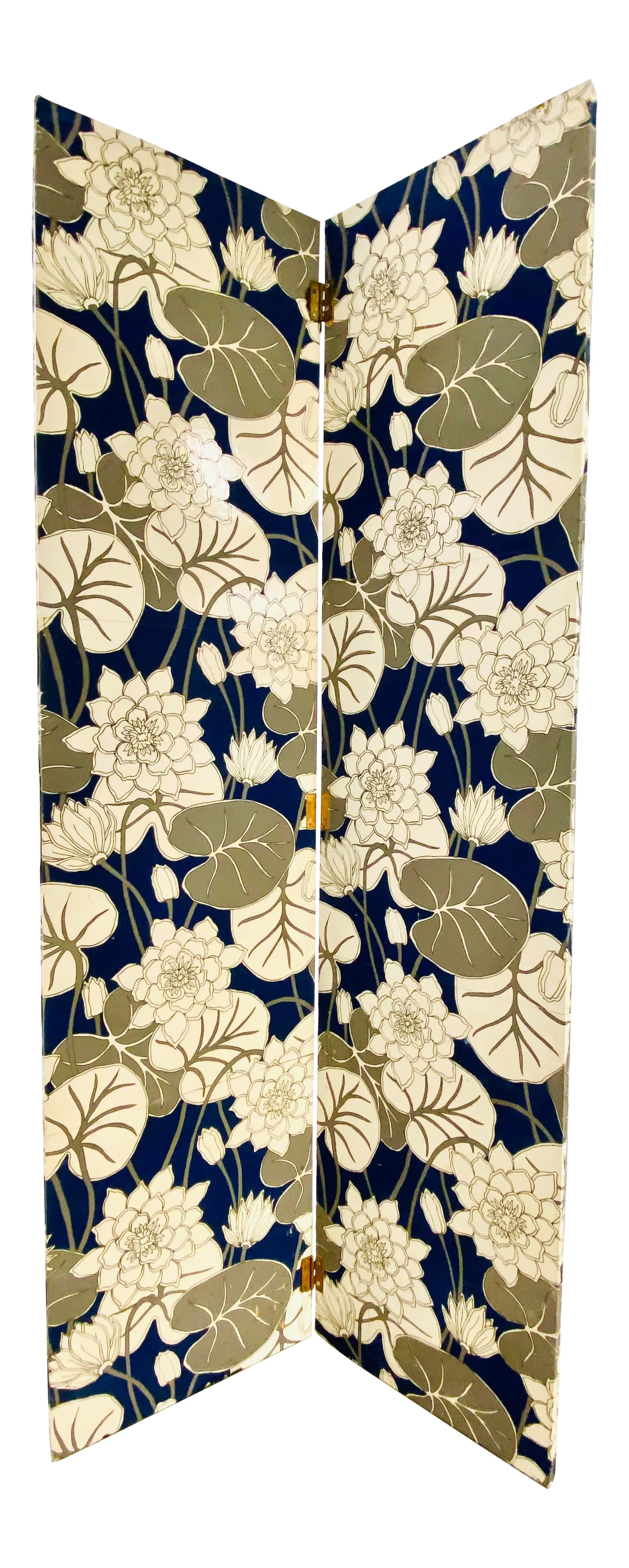 1970s Two-Panel Screen Covered in Vintage Wallpaper - Reversible to a Mylar Side: 1970s Hollywood Regency Glam style two-panel screen. Two reversible panels covered in vintage wallpaper. Side A folds inwards and is covered in a matte royal blue, shiny white and matte grey water