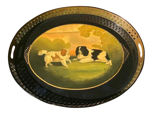 English Painted Spaniel Motif Serving Tray Signed by Golfer & Hughes: A rare find by the London company Golfer & Hughes late 20th century. A serving tray to accent any dining room wall or serving piece, or a large upholstered ottoman in the living room. The painting of