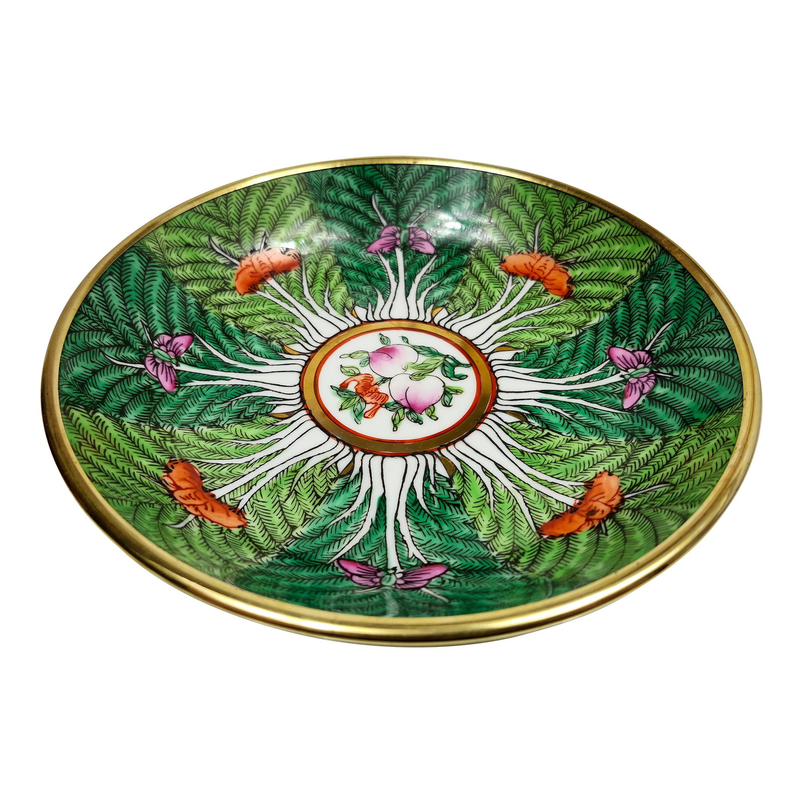 Final Clearance Horchow Neiman Marcus Brass Emerald Green Cabbage Butterfly Famille Rose Dish 1970s: AVAILABLE AT POSH MARK ONLY Strike the heart and follow our store front for sales and discounts! Neiman Marcus Horchow Collection Chinese Bok Choy Cabbage famille rose pattern decorative dish.