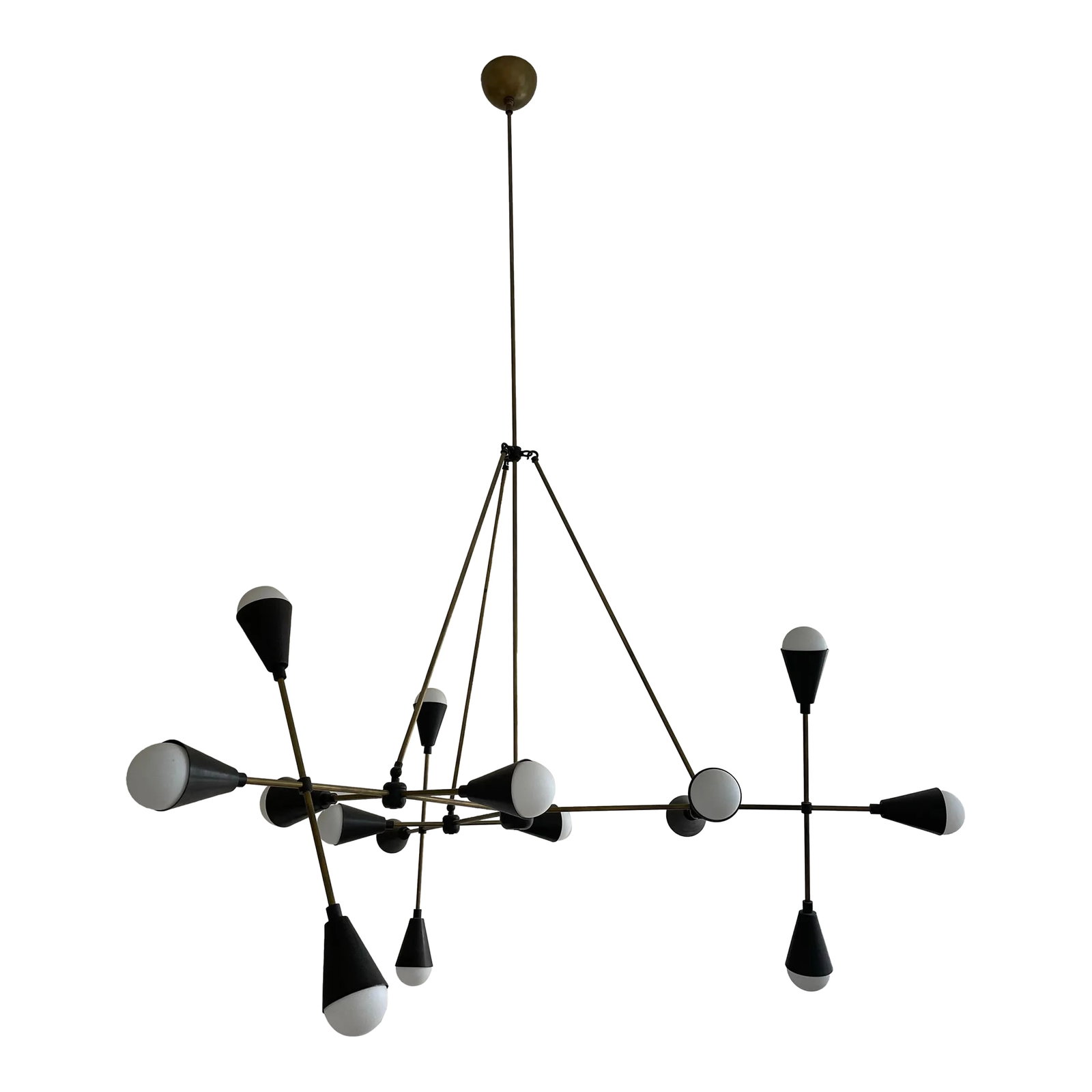 Triad 15 Pendant by Apparatus in Antique and Blackened Brass: Original Triad 15 pendant chandelier from Apparatus in Aged brass body and Blackened Brass shades. It is a beautiful contemporary chandelier that is very desired in the interior design industry. This 