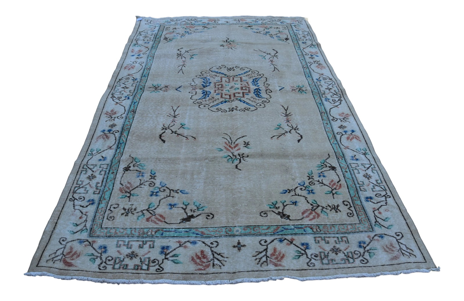 1970s Turkish Mid Century Style Wool Handmade Vintage Ethnic Floral Rug: 1970s Turkish Mid Century Style Wool Handmade Vintage Ethnic Rug 5x9 ft. Size: 5.2 x 9 ft ( 159 x 270 cm) 63 x 106 inches Color: Blue, Beige,Green Material: 100% Wool Fast Shipping: Delivery in 1-3