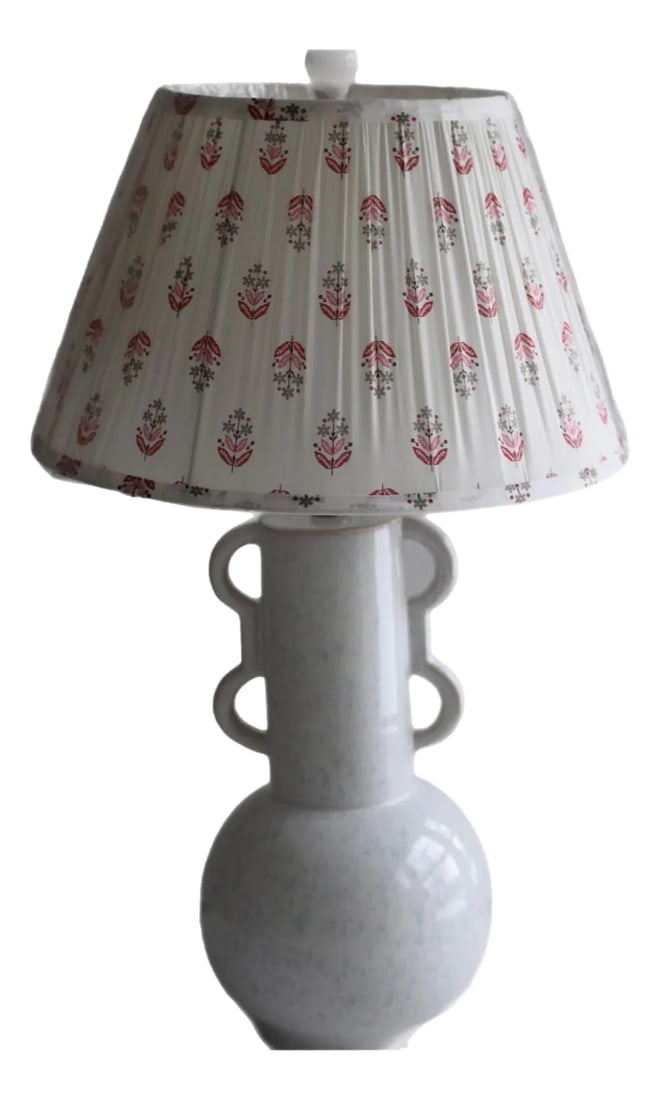 Pale Blue/White Ceramic Lamp With Handles + Cotton Block Printed and Pleated Shade (1 of 6)