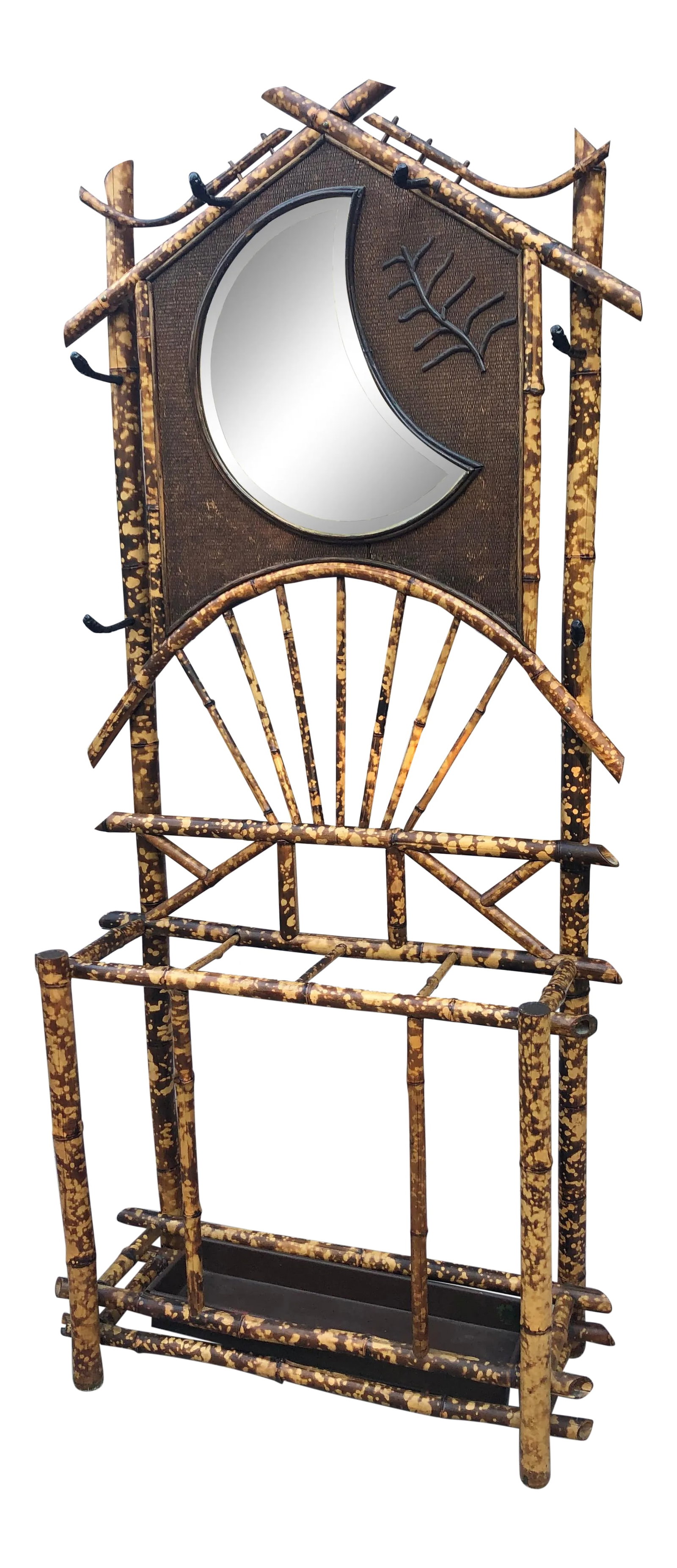 English Hall Stand Tortoise Shell Bamboo Hall Tree: Olde English Tortoise Shell Bamboo Hall Tree, mid-late 19th century. Beveled crescent form mirror set in a tightly woven rattan background. Original condition, lovely aged patina. Original drip pan; c