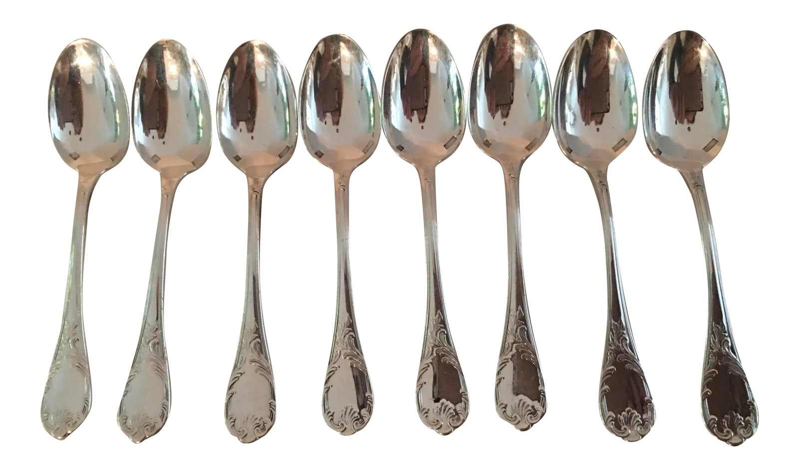 1980s Christolfe Marley Espresso Demitasse Spoons, France - Set of 8: Set of Christofle " Marley " Espresso demitasse spoons. Marly, named after a no-longer-standing pleasure palace built by Louis XIV outside Paris, has been one of the most detailed and ornate patterns