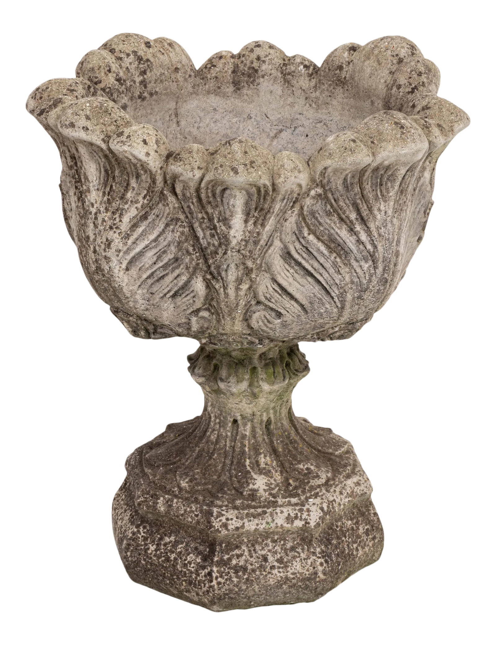 Acanthus Concrete Leaf Planter: Beautifully designed cast stone acanthus leaf planters on stands. Some patina and in good condition. Condition: Alterations: Original Condition Unaltered Imperfections: Some Imperfections Condition