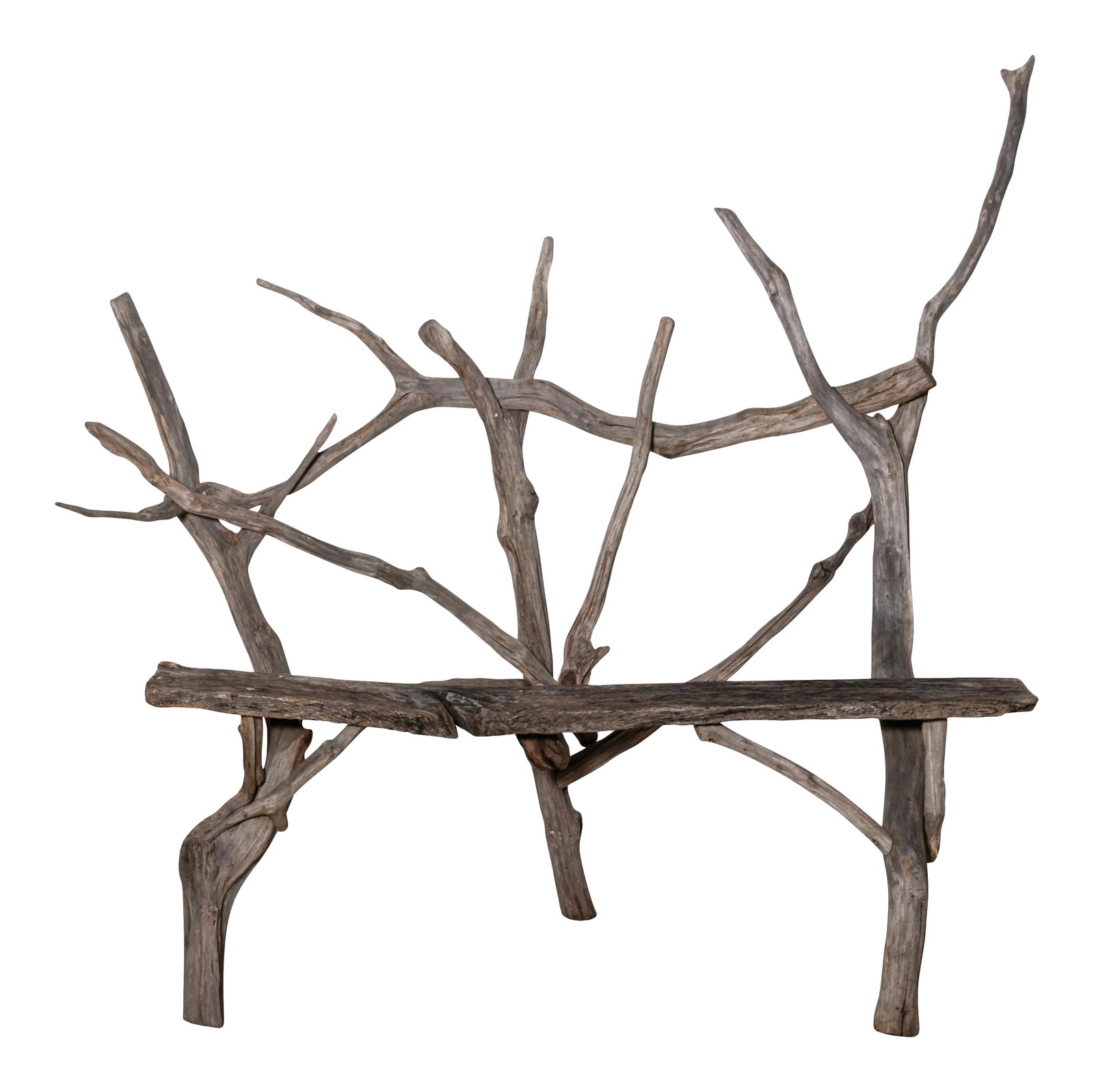 English Country Reclaimed Driftwood Garden Bench: Early 20th century estate made garden or outdoor bench. The piece is composed of driftwood and reclaimed floor planks in a rough hewn finish. Please note of wear consistent with age and weathering