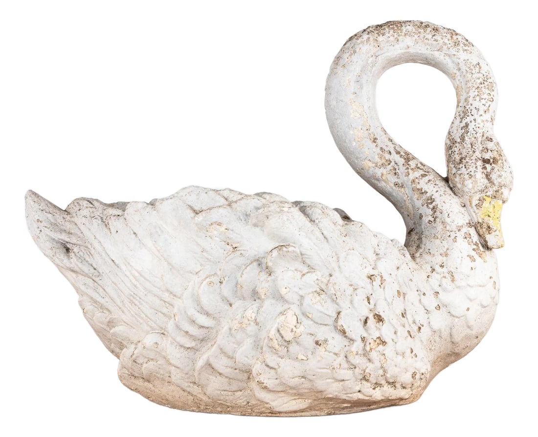 Reconstituted Stone Swan Planter, English Early 20th Century: This exquisite white painted large concrete swan planter captures the essence of elegance and charm. With its graceful curved necks, it exudes a sense of grace and poise. The carefully applied yellow