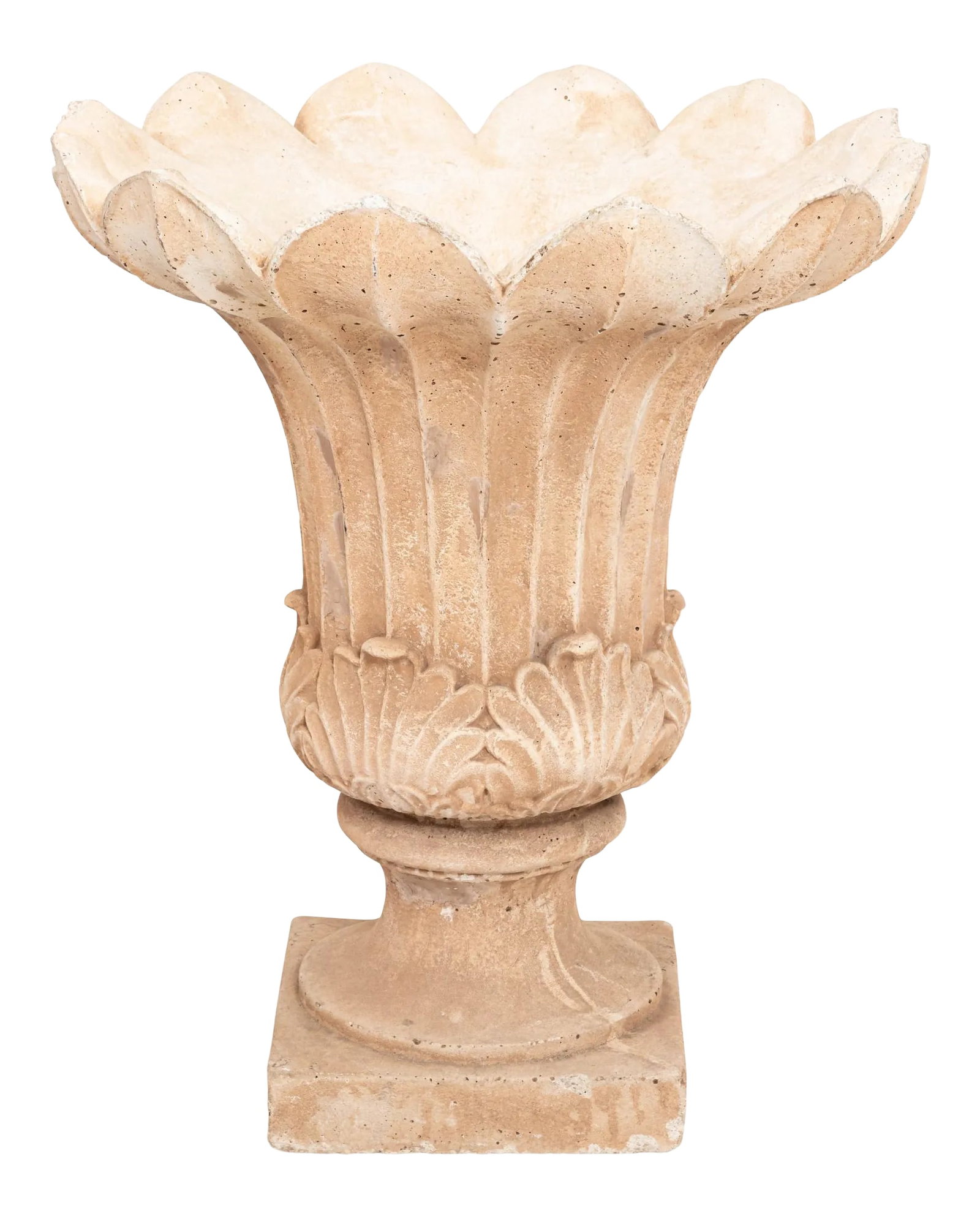 Floral Shaped Garden Planter: An open lily shaped cast iron and plaster covered garden urn. The plaster has been stained in a coral color. Square base. Wear consistent with age. Condition: Alterations: Original Condition