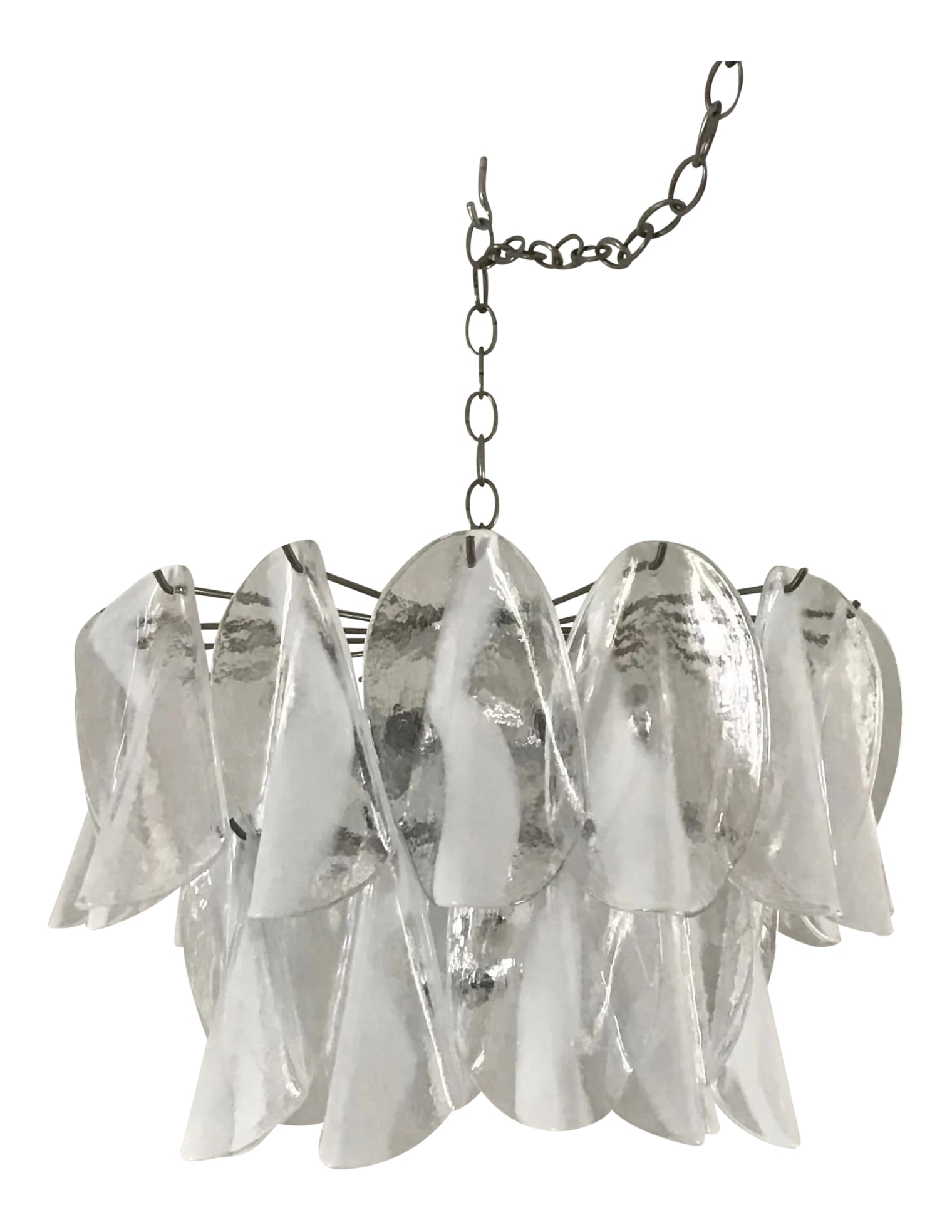 Late 20th Century Italian Vintage Murano Mazzega 25 White Stripe "Rondini" Glass Petals Chandelier: Beautiful Italian vintage Murano chandelier. This fixture is made up of 25 individual hand blown glass pieces hanging (clear and white "Latino") on a chrome frame. Each piece clear with white center.