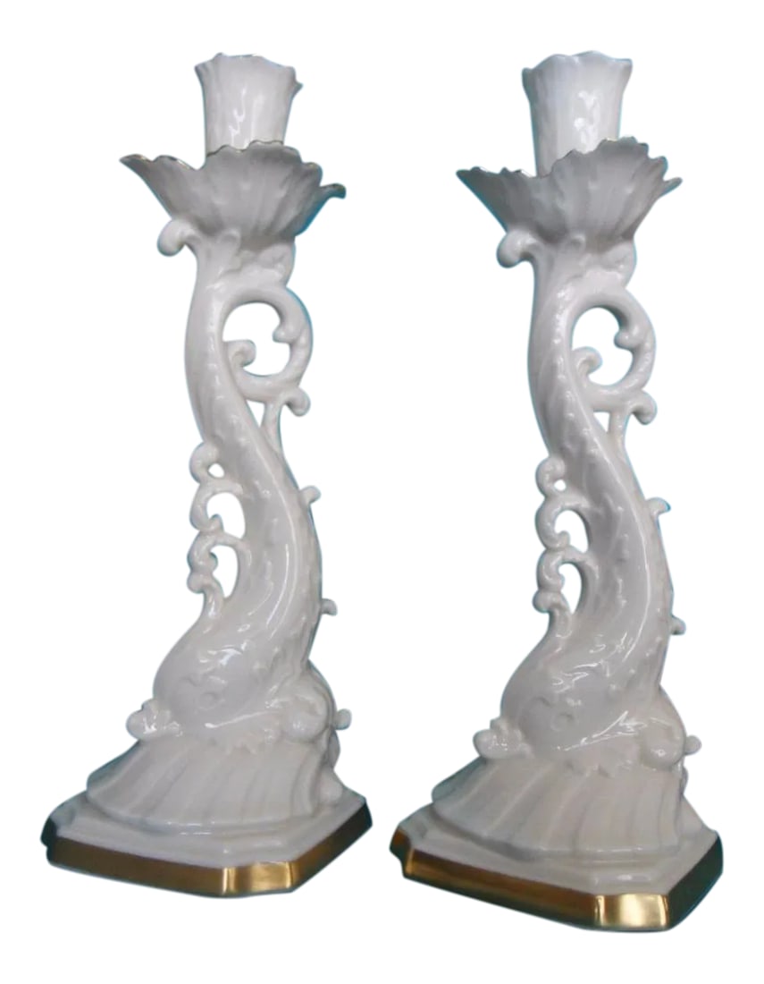 20th Century Lenox Chinoiserie Cream and Gold Asian Koi Dolphin Porcelain Candlesticks- A Pair (1 of 9)