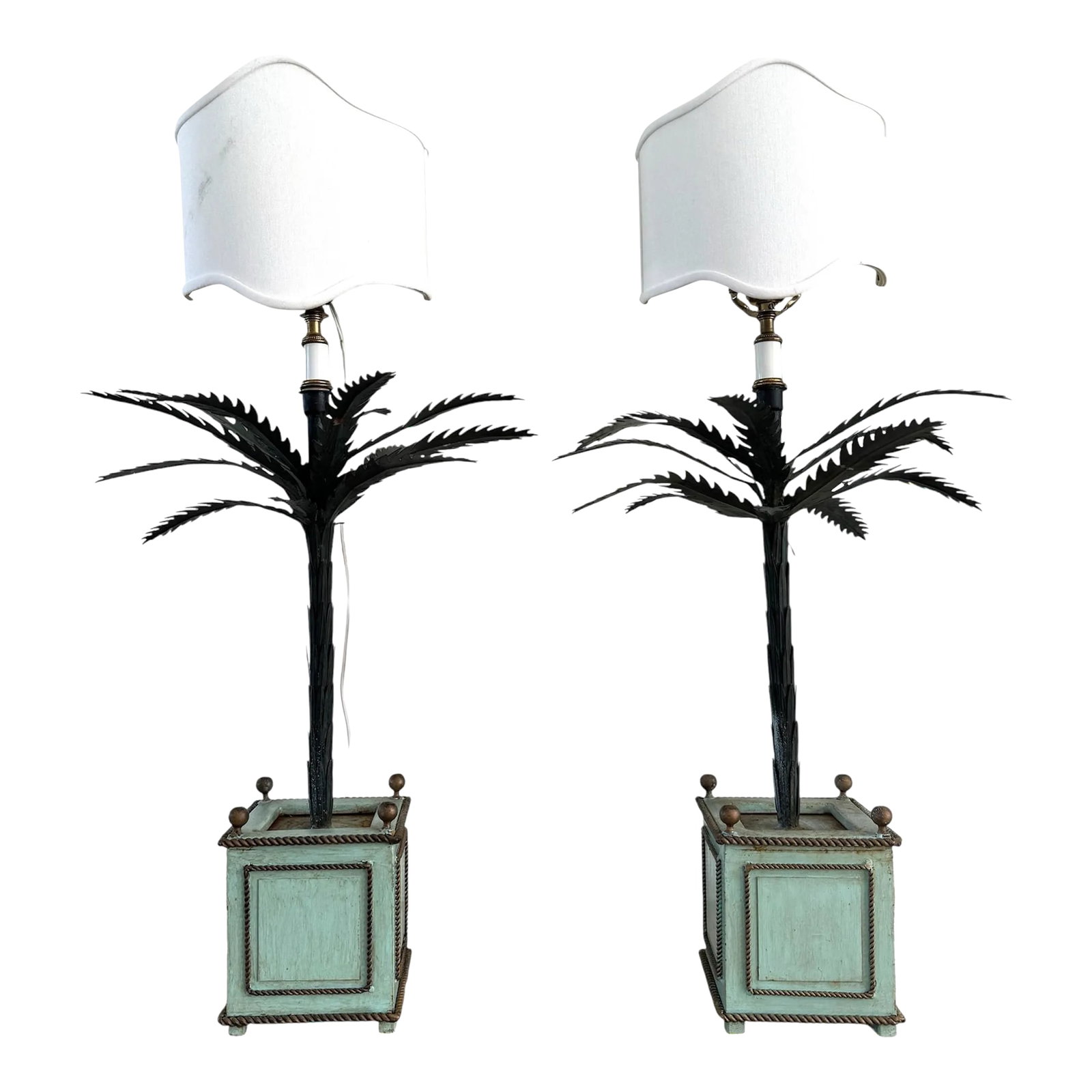 Vintage Italian Potted Tole Palm Tree Lamps: Italian tole potted palm trees. Originally candleholders. They now have an electrified top with shades to be used as lamps as well as candleholders. Very versatile pieces. Potted in a square orange ti