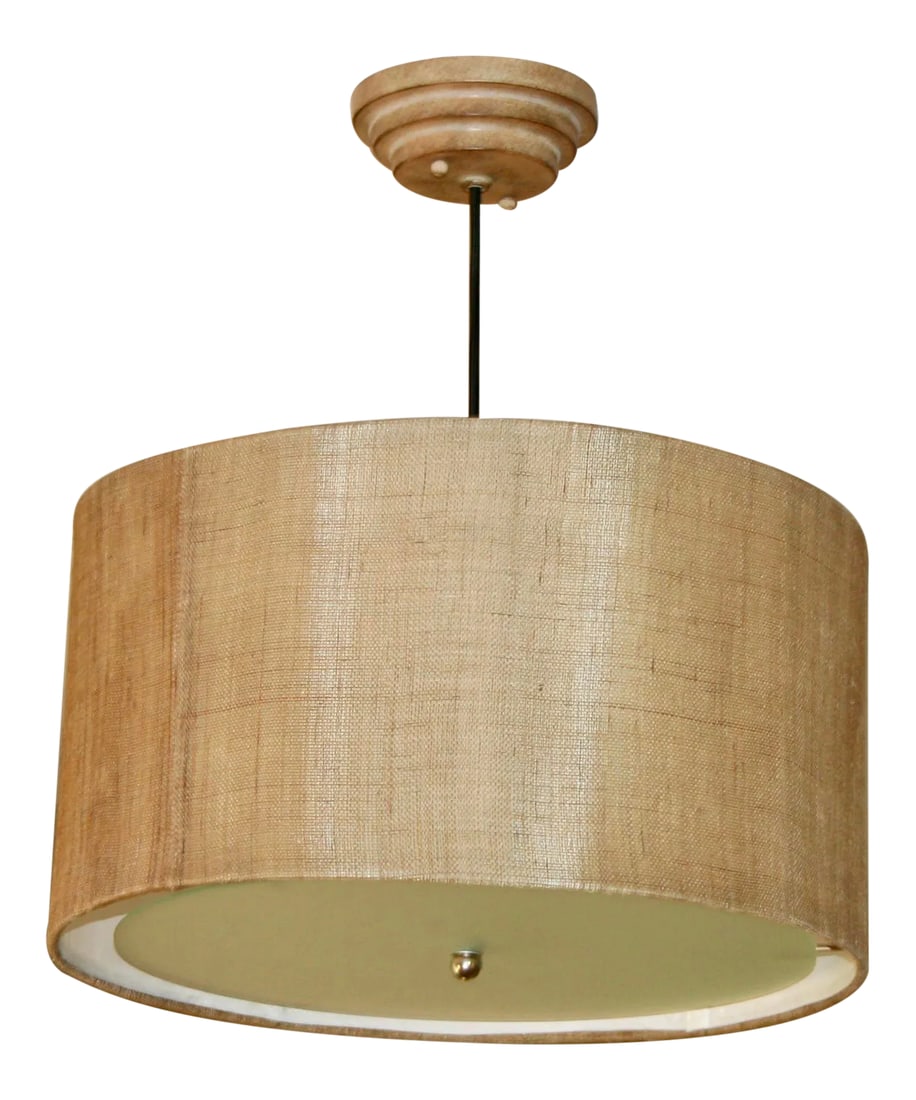 Beige Burlap Drum Pendent: The antique burlap fabric on the drum shade gives this fixture a smart relaxed rustic look.. The golden wheat color of the fabric will blend nicely in any color scheme. The fixture has a 22" hard back