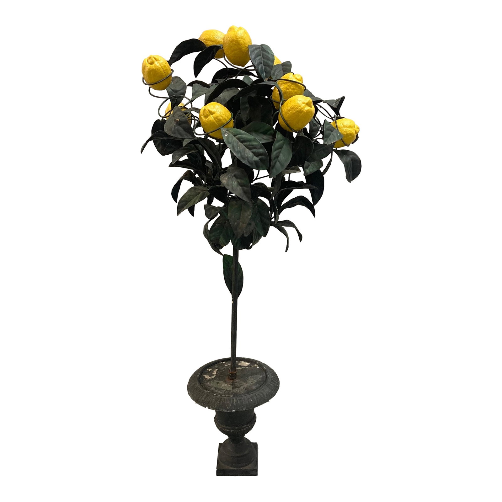 1950s Italian Tole Lemon Tree: Painted tole lemon tree in shades of green adorned with removable yellow resin lemons. The tree is designed in two parts. The foliage top iron rod assembles into a fitting in the heavy iron urn. A ver