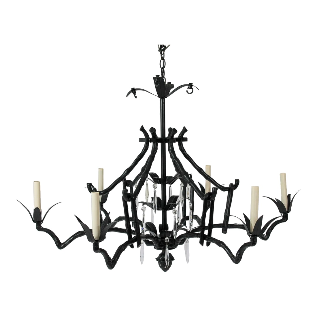 Vintage Chinoiserie Faux Bamboo Six Arm Pagoda Chandelier: Vintage black lacquered chinoiserie faux bamboo six arm pagoda chandelier with eighteen center glass prisms. No makers mark. Wired and in working condition. Uses standard chandelier bulbs. Some paint