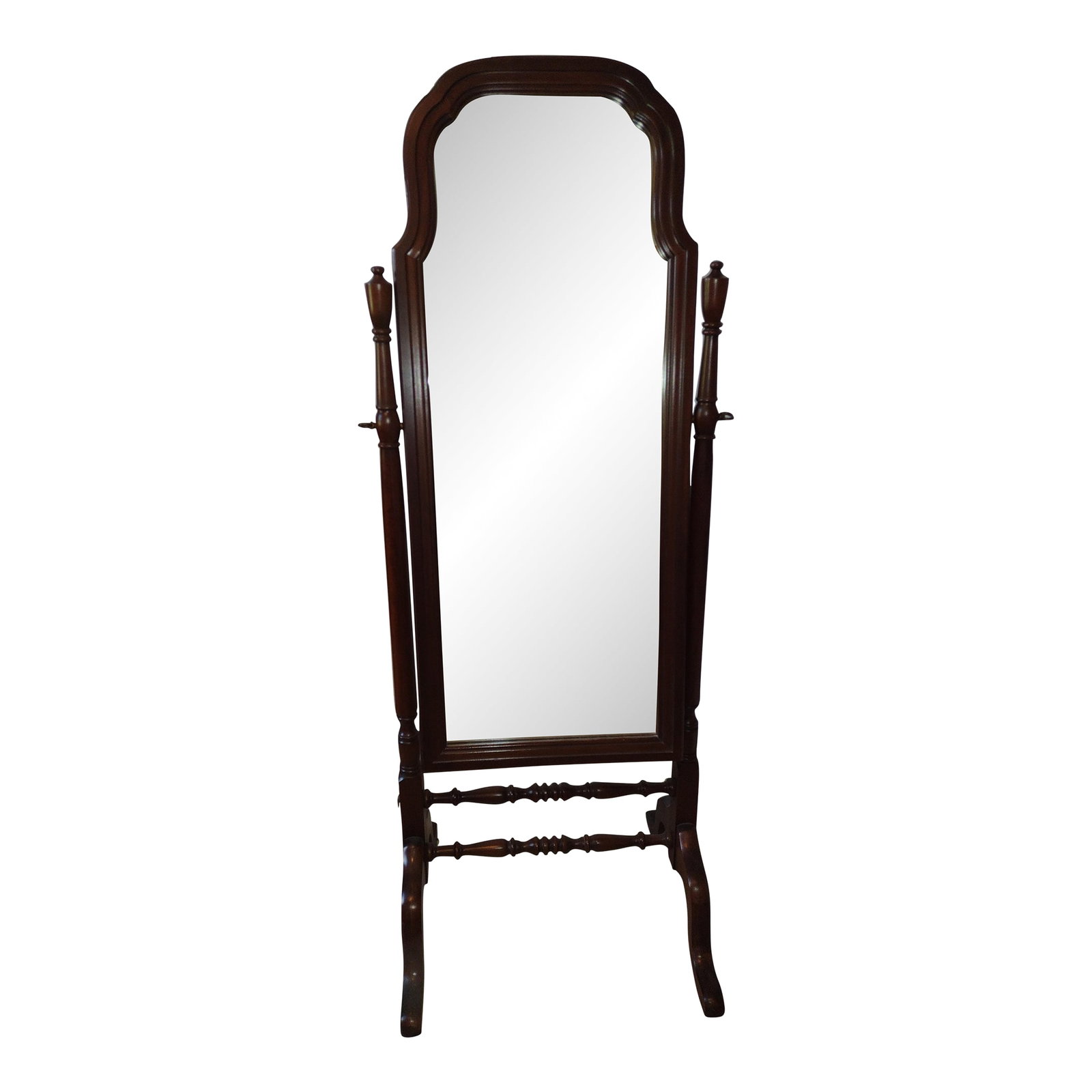 1990s Victorian Style Cherry Cheval Full Length Floor Mirror: This Victorian style frame cheval mirror in rich brown is a beautiful addition to any bedroom or dressing area. The mirror features a classic Queen Anne or Victorian style frame crafted from cherry wo