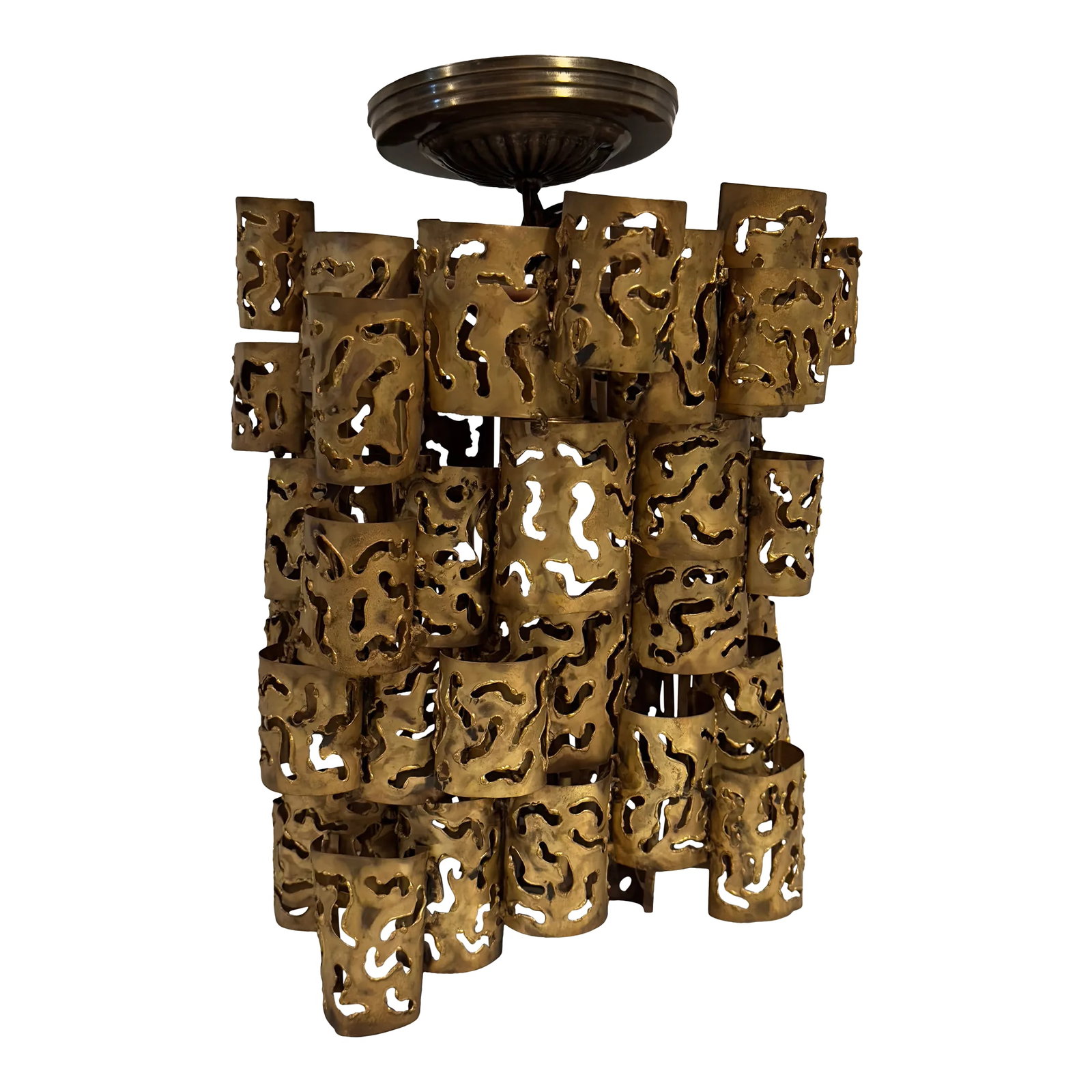 70s Brutalist Torch Cut Brass Pendant Light Tom Greene for Feldman Attributed Brass Hanging Light, U: Mid-Century 1970s Brutalist torch cut brass hanging light with original brass canopy designed by Tom Greene for Feldman. 10.5"L x 10"W x 12"H plus 2" hanging chain which could be extended 3-4". Origin