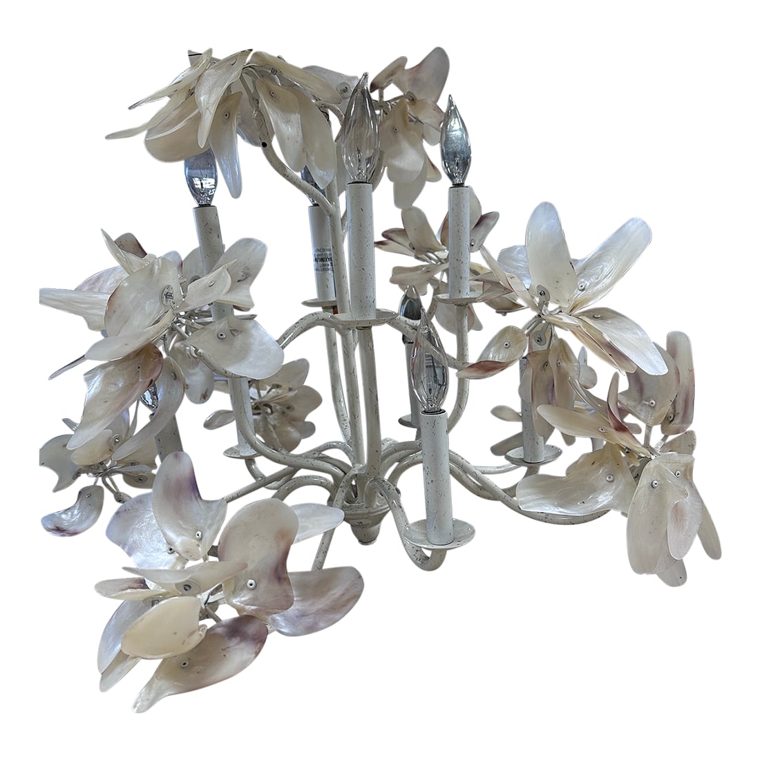 Pearled White Magnolia Chandelier With Capiz Shells: Mid century modern pearled white magnolia chandelier with capiz shell. 9 light bulbs, hardwired. 3' long chain, cord 5 ' long. Mounting plate 3" , 12lb Casts a beautiful light and shadows Condition: A