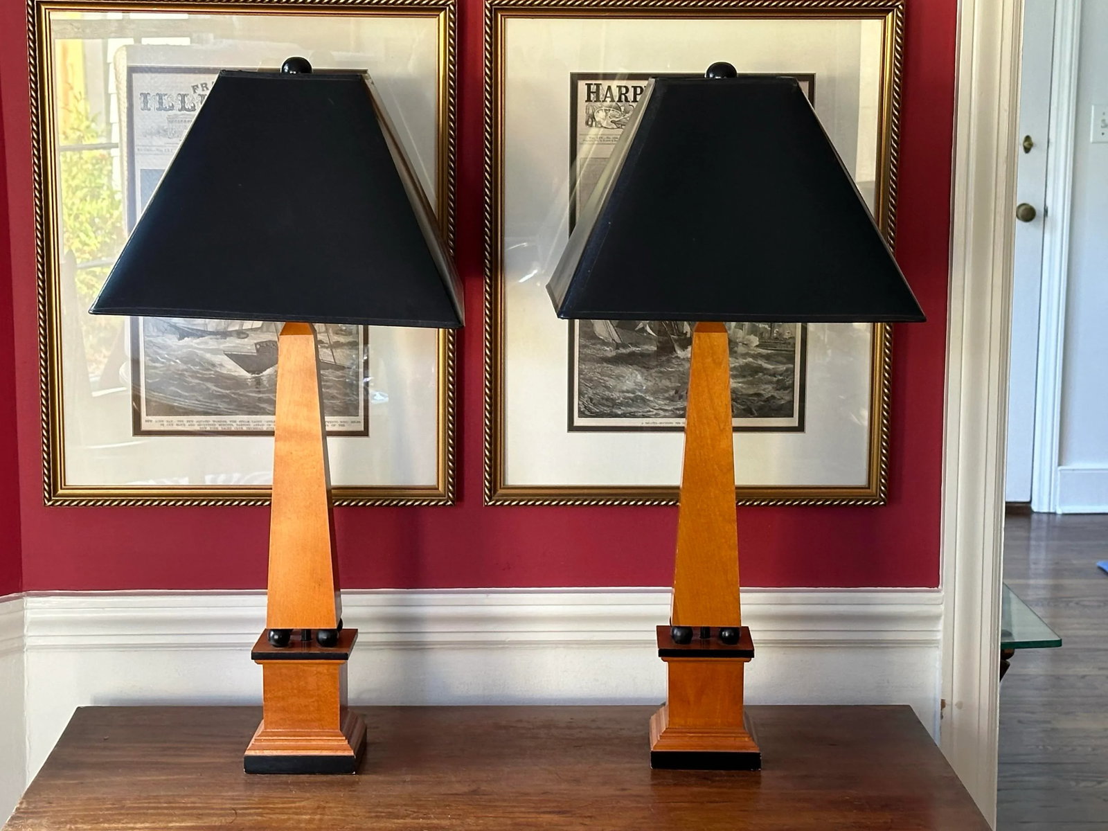 Pair Tall Table Lamps, Obelisk Form, Ebony Accents - 6